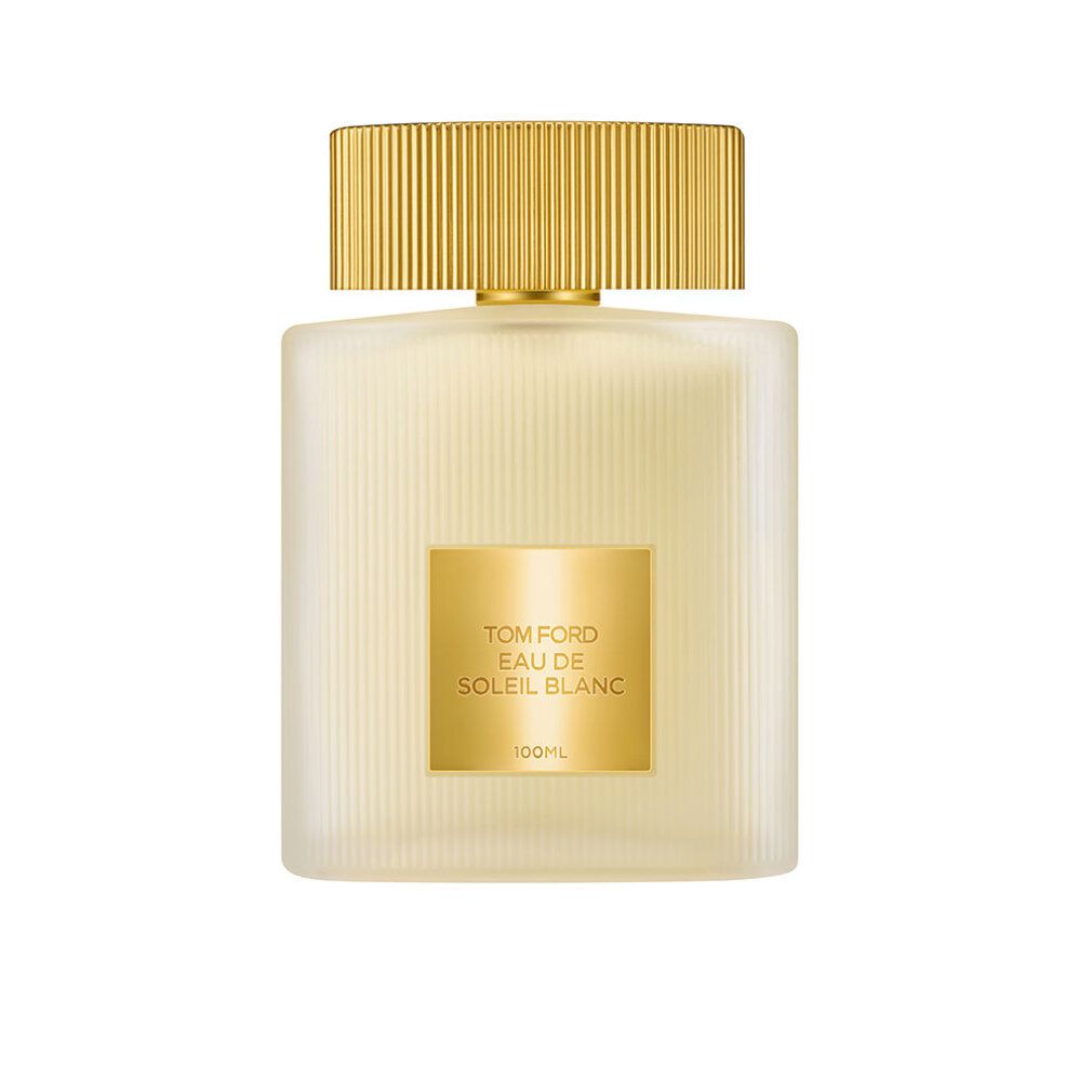 Cilindrische fles met gouden dop. "Tom Ford Eau de Soleil Blanc" staat op de fles.