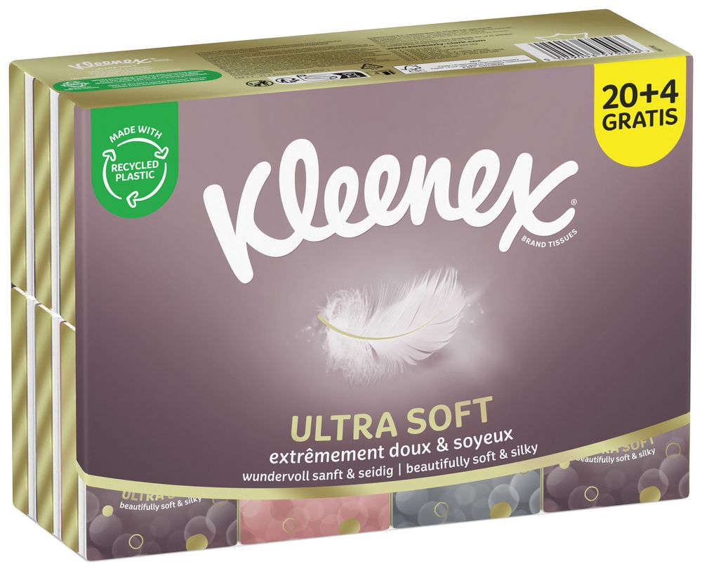 Kleenex® Ultra Soft mini zakdoekjes, 24 pakjes (20+4 gratis) x 7 stuks, doos van 8