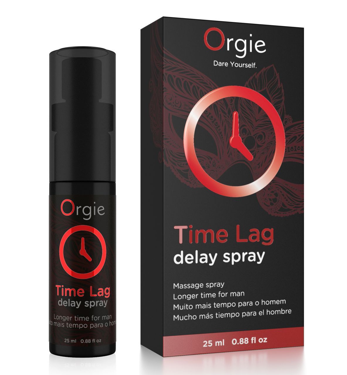 Bouteille et emballage Orgie Time Lag Delay Spray côte à côte, avec design masque.