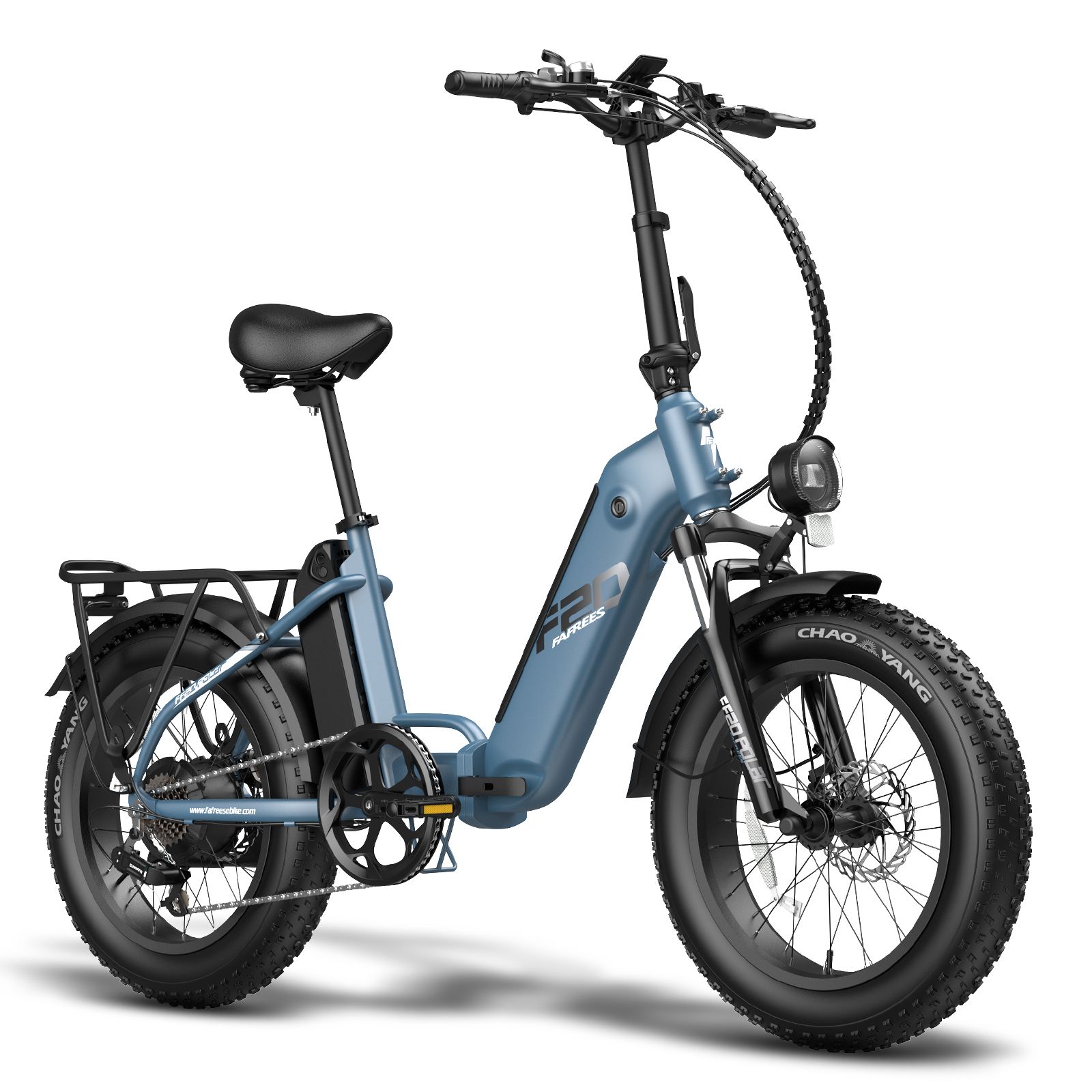 Blauwe opvouwbare e-bike. Zwarte banden, zadel en bagagedrager. Koplamp. Merk Fafrees.