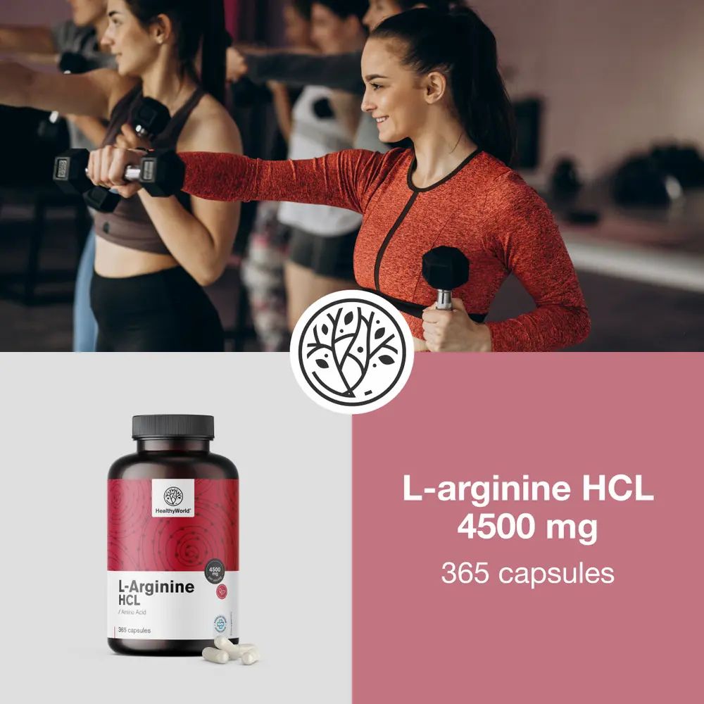 Vrouw traint. Fles met capsules. Opschrift: L-Arginine HCL 4500 mg. 365 capsules. Merk: HealthyWorld.