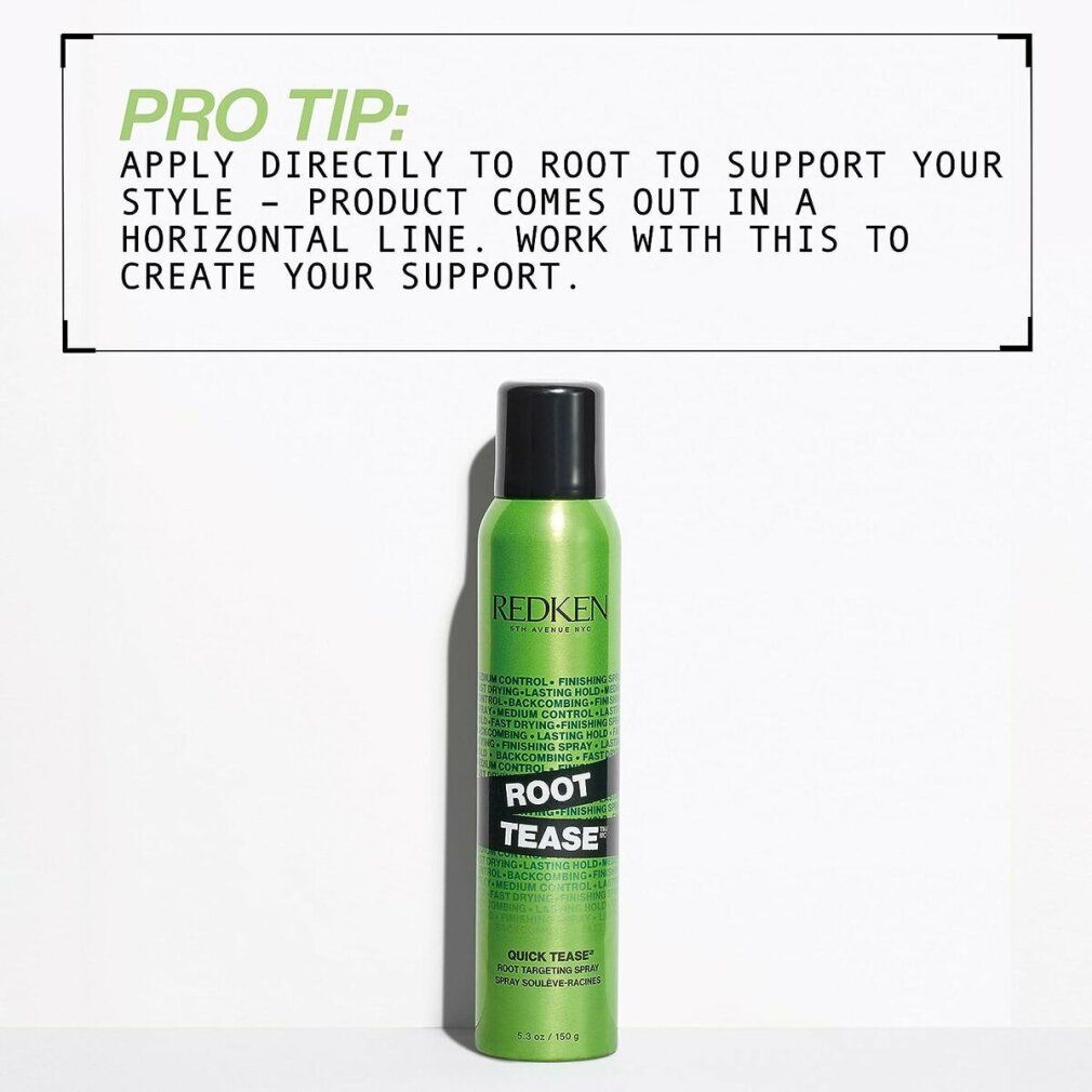 Spray Redken Root Tease vert. Couvercle noir. Texte : Pro Tip : Appliquer directement à la racine.