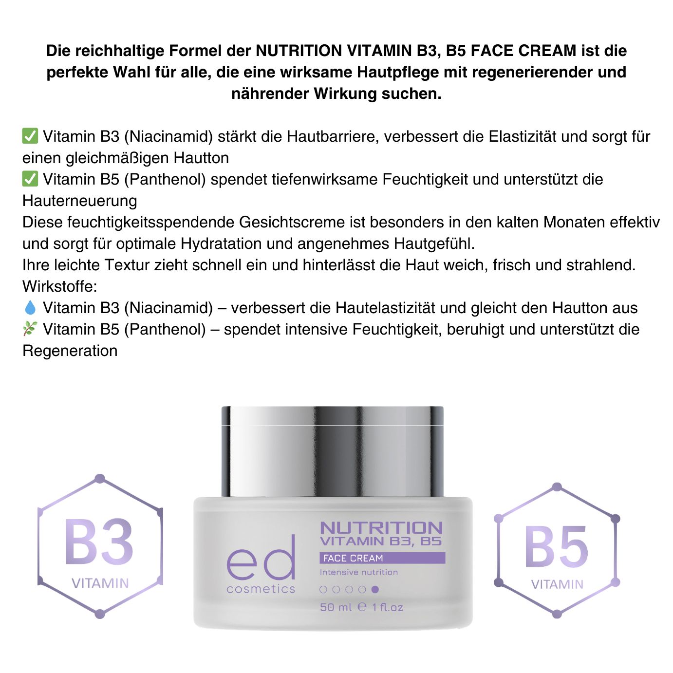 Pot de crème avec couvercle argenté. Texte et logos des vitamines B3 et B5. Texte en allemand.