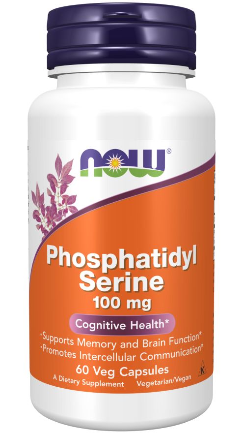 Flacon blanc avec étiquette orange. Inscription: Phosphatidyl Serine 100 mg. 60 Veg Capsules. Marque: NOW.