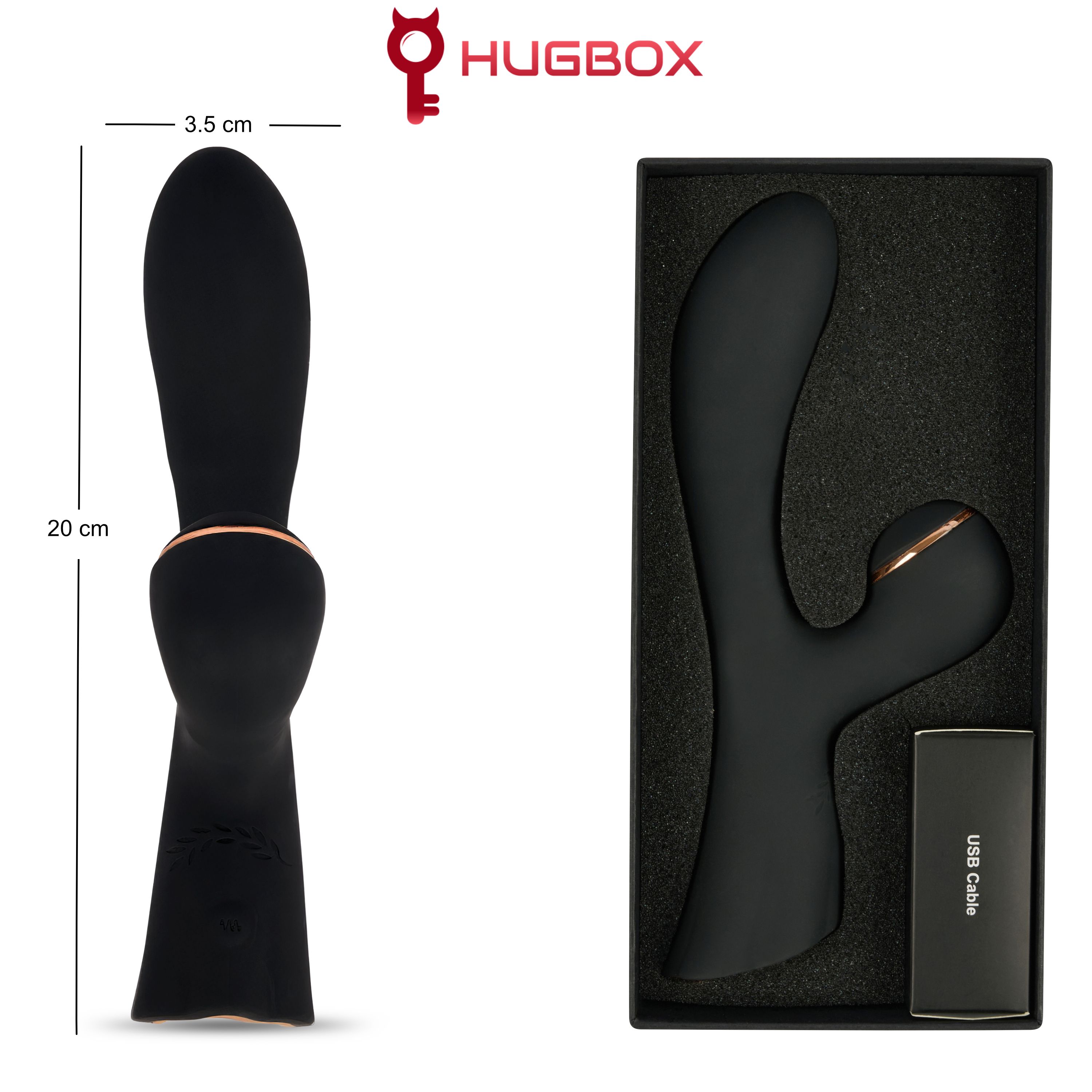 Produit de bien-être noir dans un emballage noir. Câble USB inclus. Dimensions : 20 cm x 3,5 cm. Logo HUGBOX.