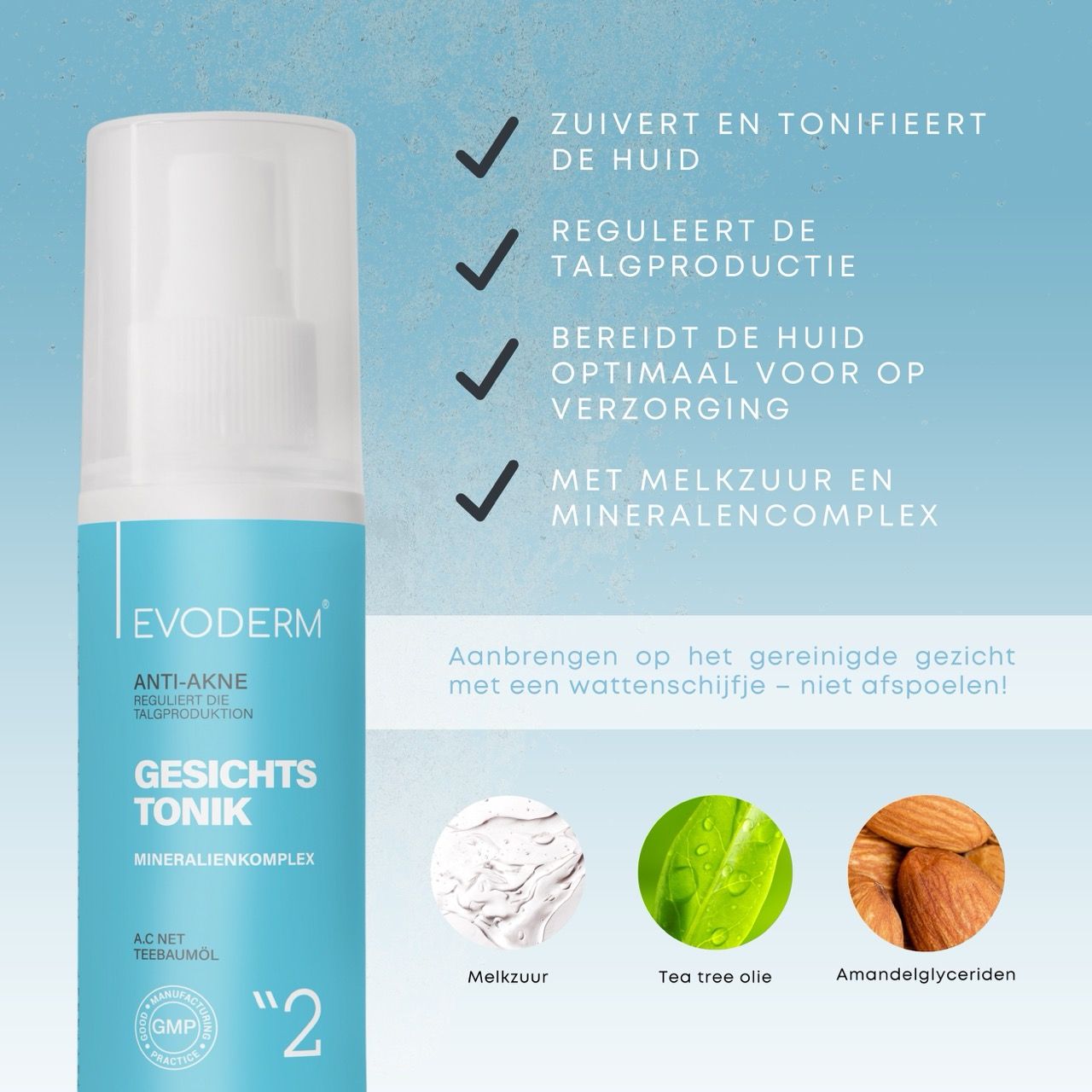Drie producten: gel, toner en serum. Vrouw op de achtergrond. Tekst: Anti-acne verzorgingslijn. Dermatologisch getest.
