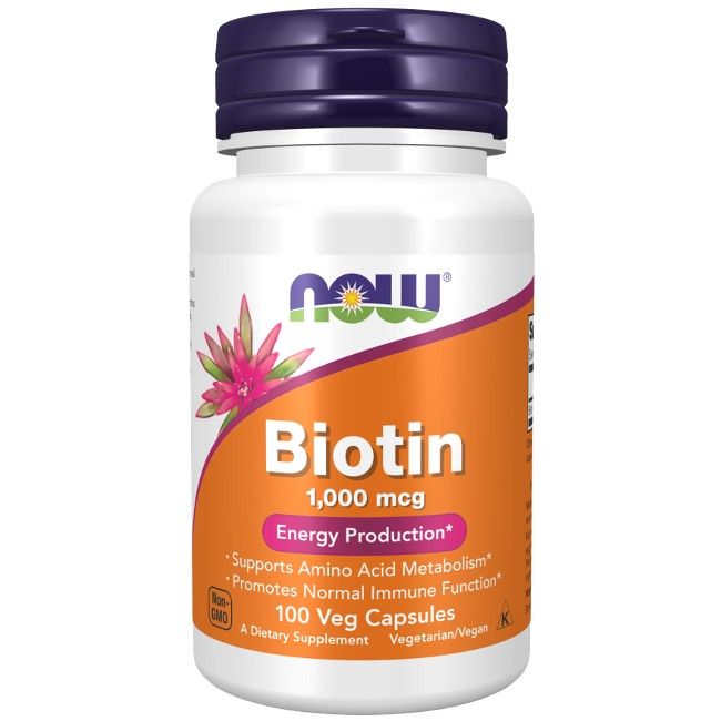 Flacon blanc avec bouchon violet. Étiquette orange avec "Biotin 1,000 mcg" et "100 Veg Capsules".