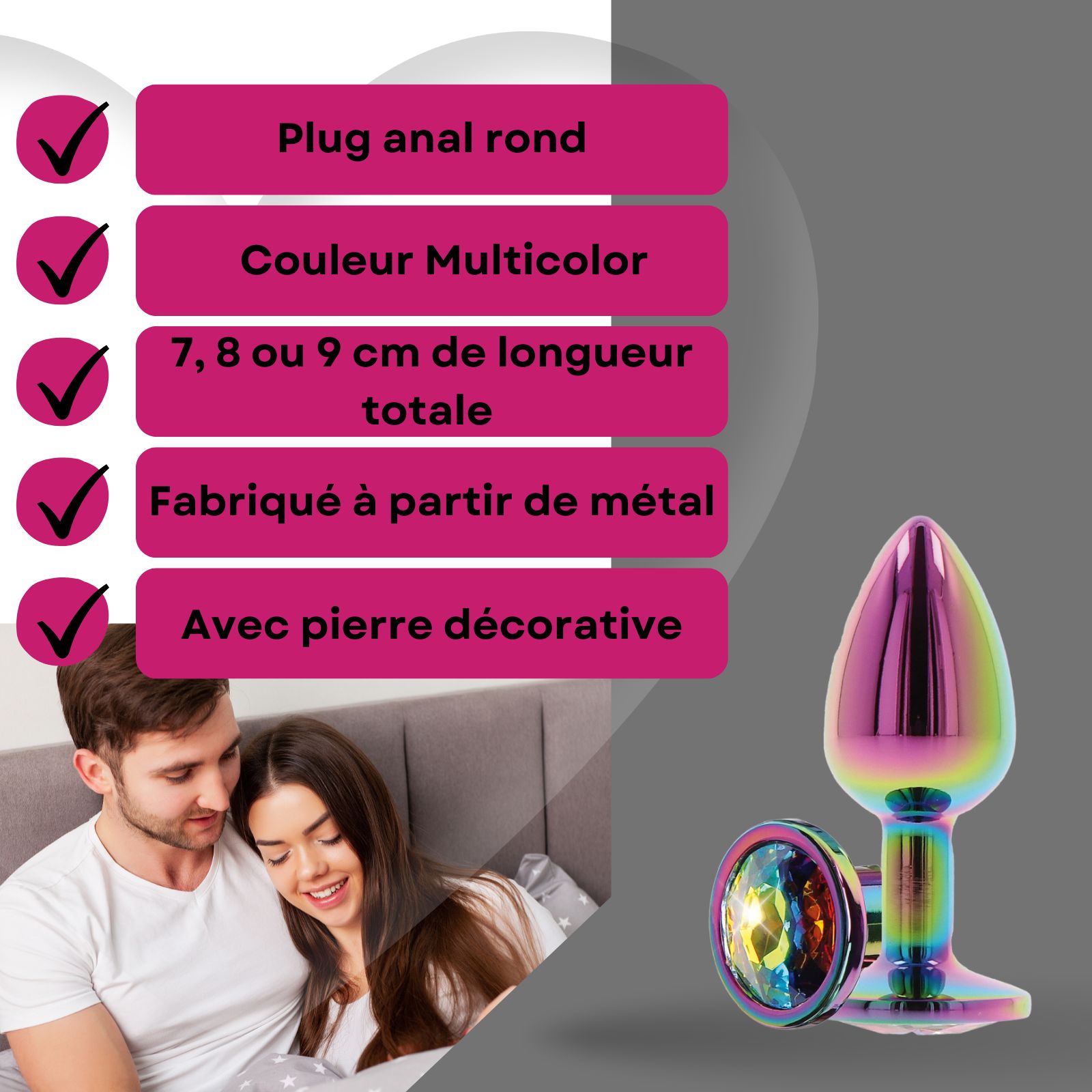 Image produit avec texte: Plug anal rond, couleur multicolore, longueur totale 7, 8 ou 9 cm, métal, pierre décorative.