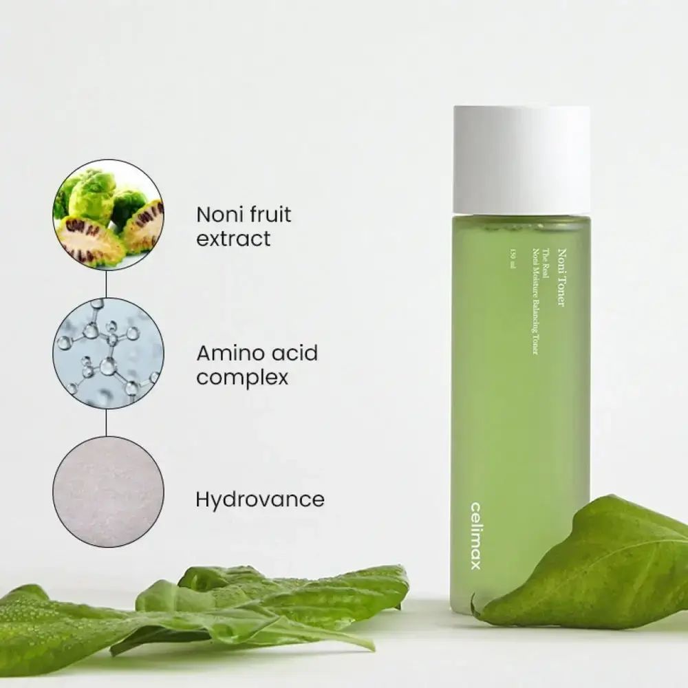 Productfles naast afbeeldingen van noni-fruitextract, aminozuurcomplex en Hydrovance. Groen blad.