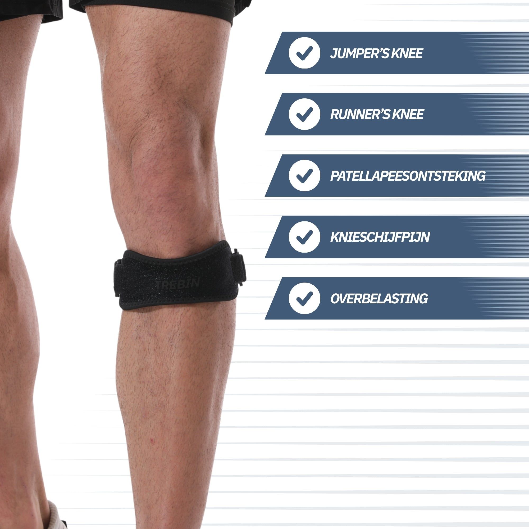 Persoon met kniebrace. Lijst met aandoeningen: 'JUMPER'S KNEE', 'RUNNER'S KNEE', 'PATELLASEENONTSTEKING', 'KNIEPIJN', 'OVERBELASTING'.