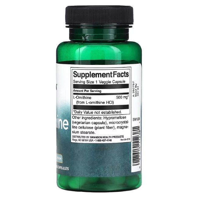 Groene fles met zwarte dop. Achterkant met voedingswaarde-informatie. Bevat L-Ornithine 500 mg. 1 veggie capsule per portie.