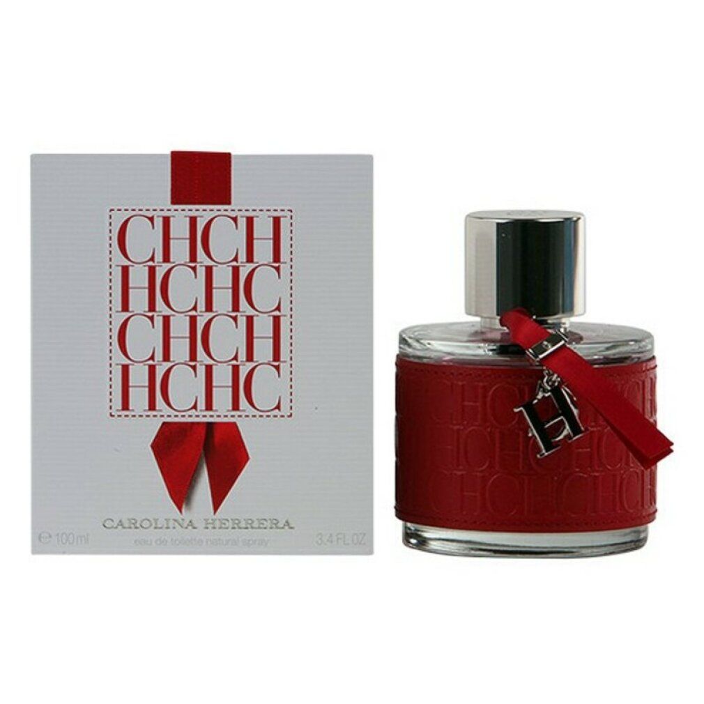 Flacon rouge avec bouchon argenté et breloque. Boîte blanche avec logo et texte rouges.