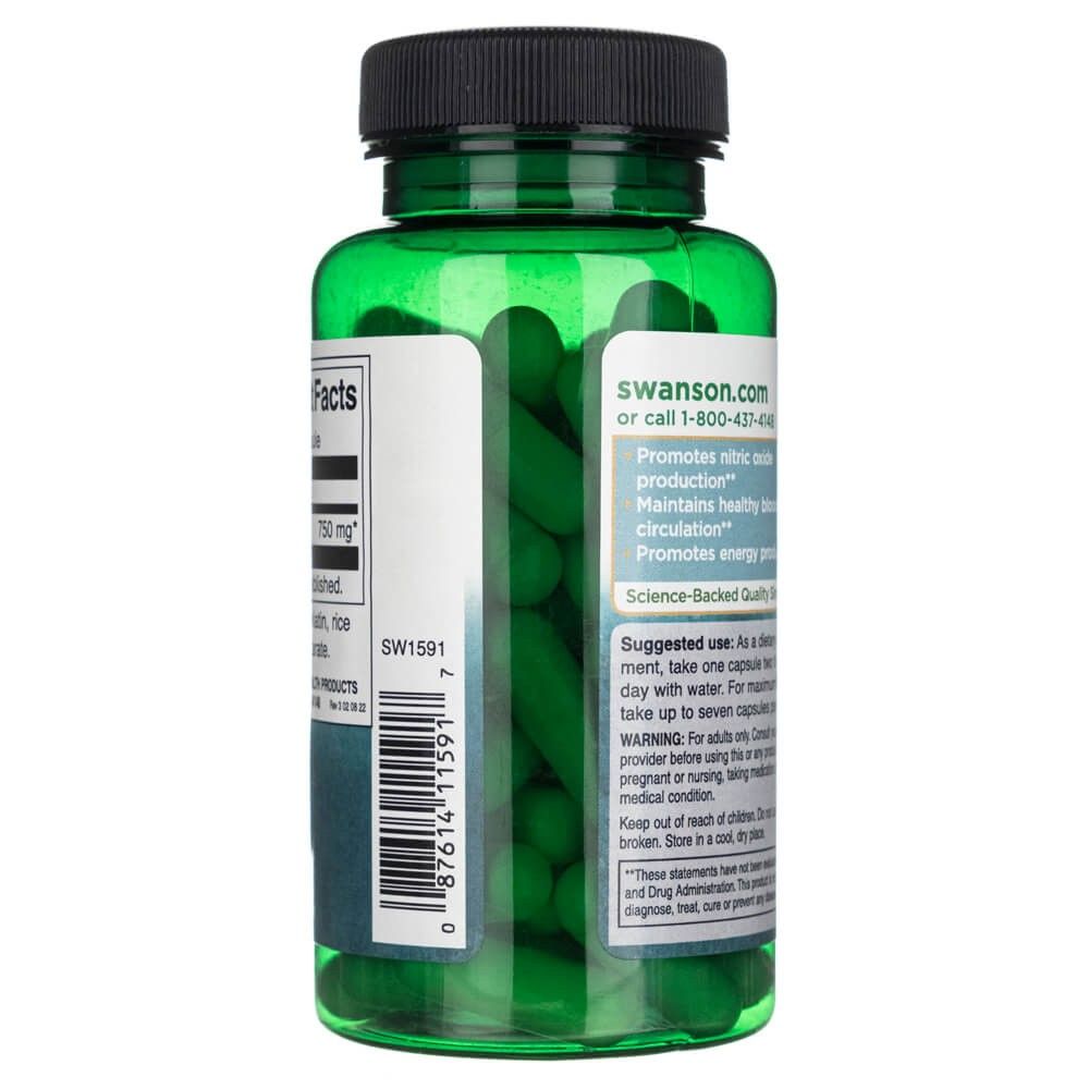 Zijaanzicht van een groene fles met groene capsules. Etiket met productinformatie.