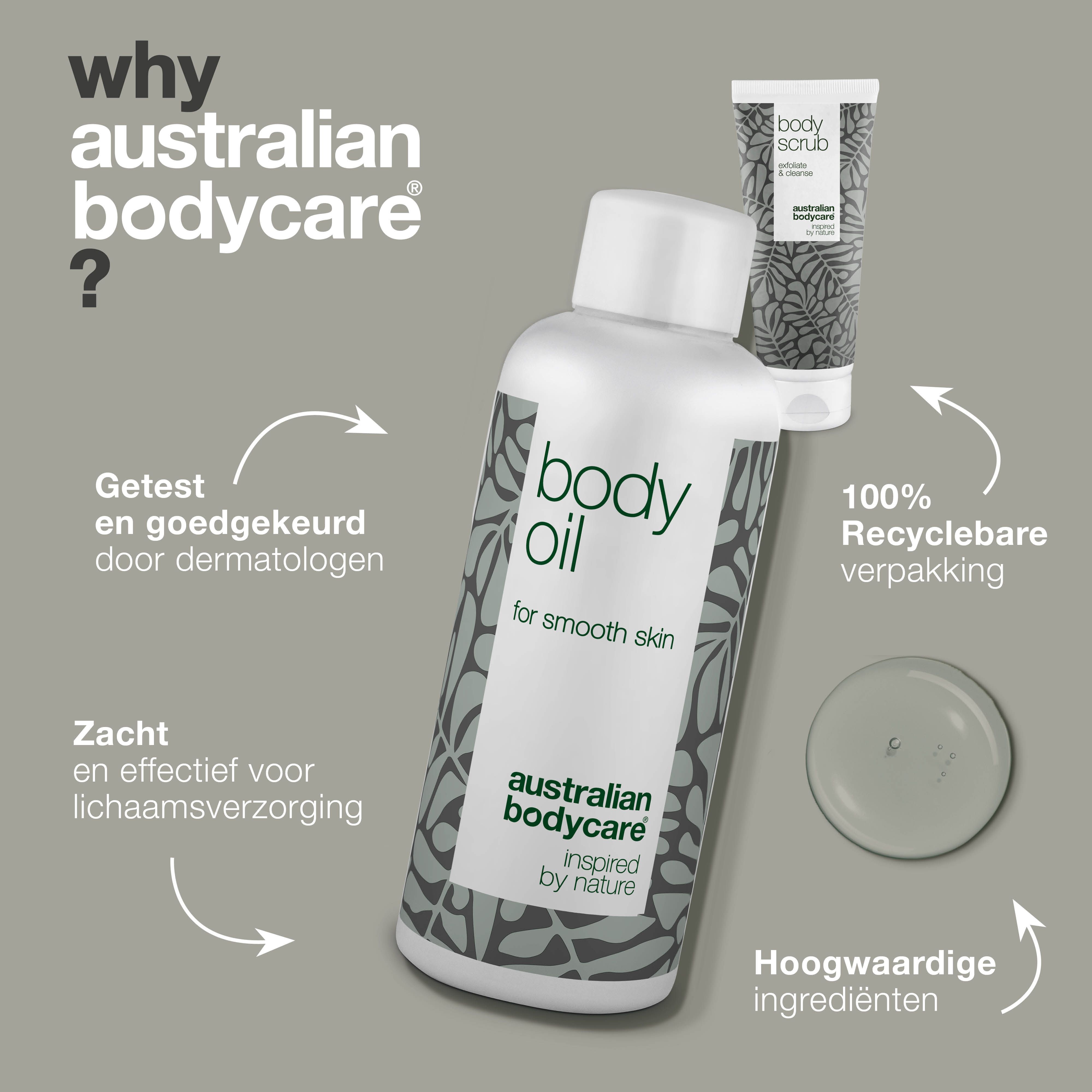Probleem en oplossing. Vrouw met striae en producten. Opschrift: Body Scrub, Body Oil, Australian Bodycare.