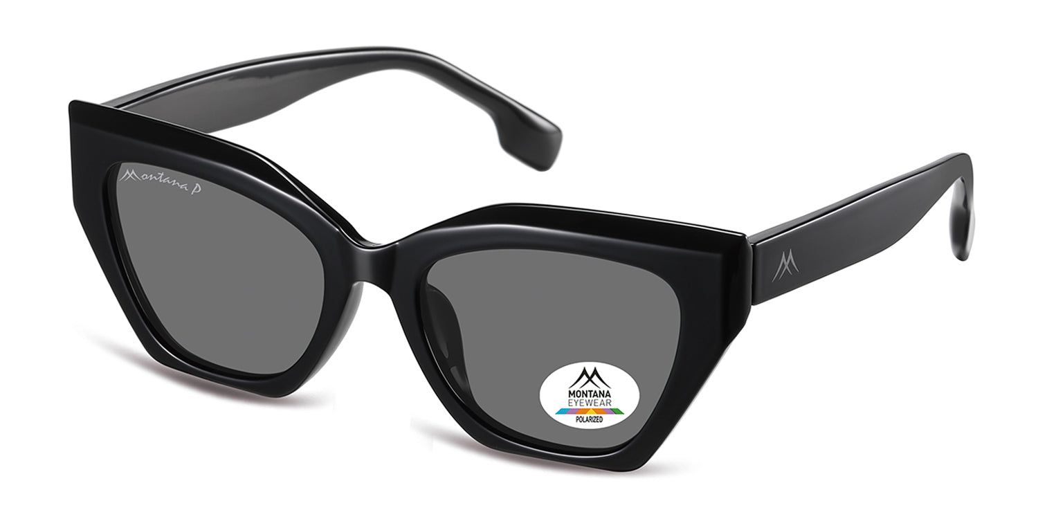 Lunettes de soleil noires, verres gris. Forme œil de chat. Logo Montana Eyewear sur la branche et le verre. Polarisées.