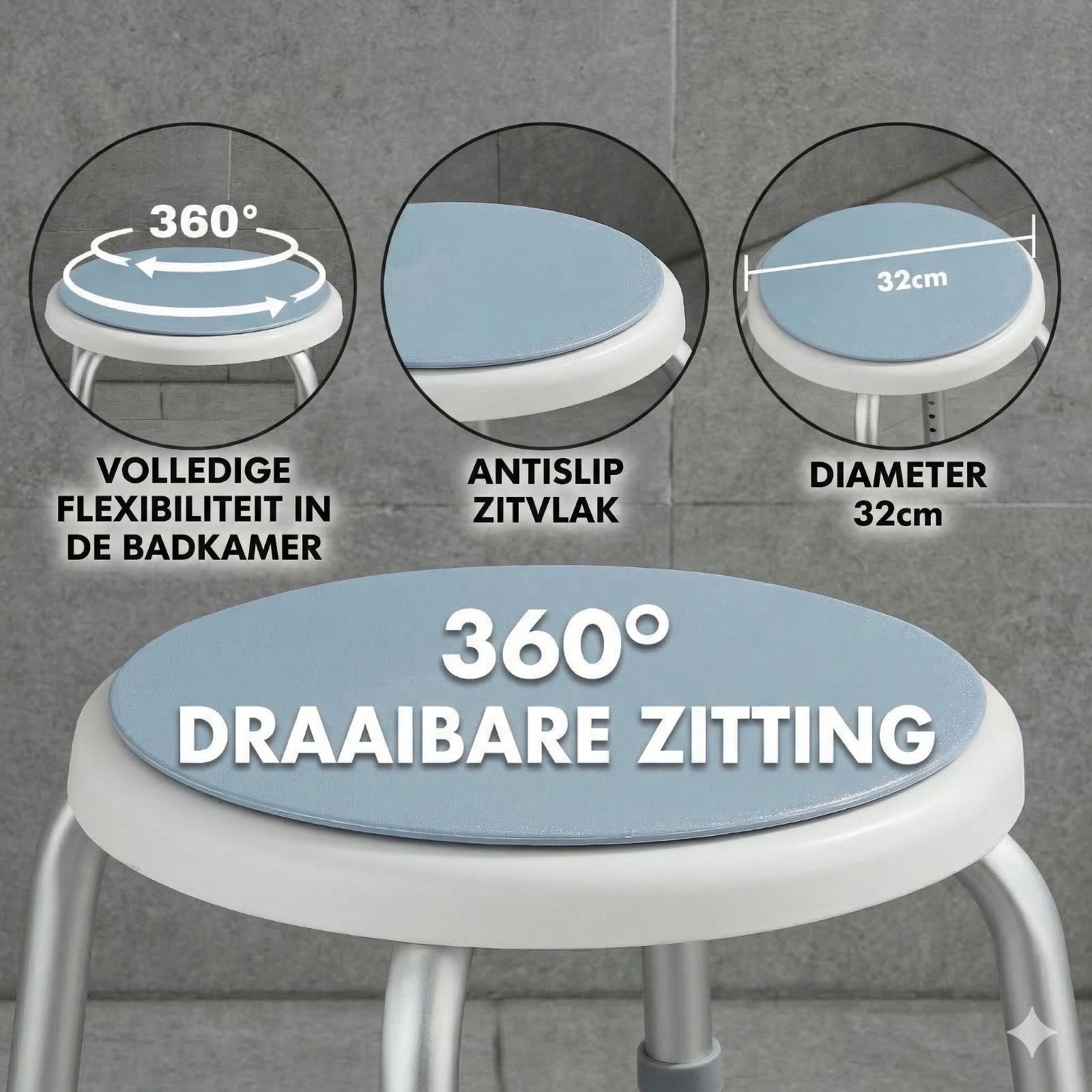 Douchekruk met draaibare zitting. Diameter 32cm. Antislip zitoppervlak.