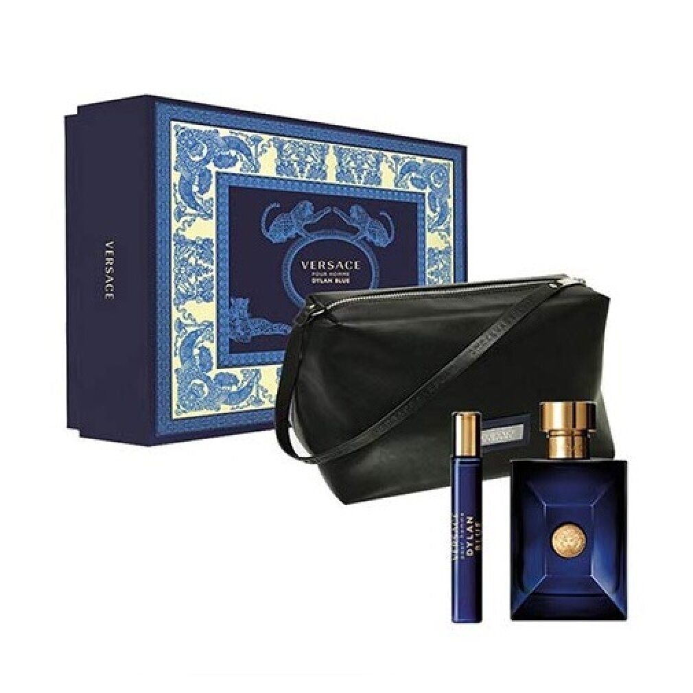 Coffret cadeau Versace Dylan Blue Pour Homme avec trousse de toilette, Eau de Toilette et vaporisateur de voyage.