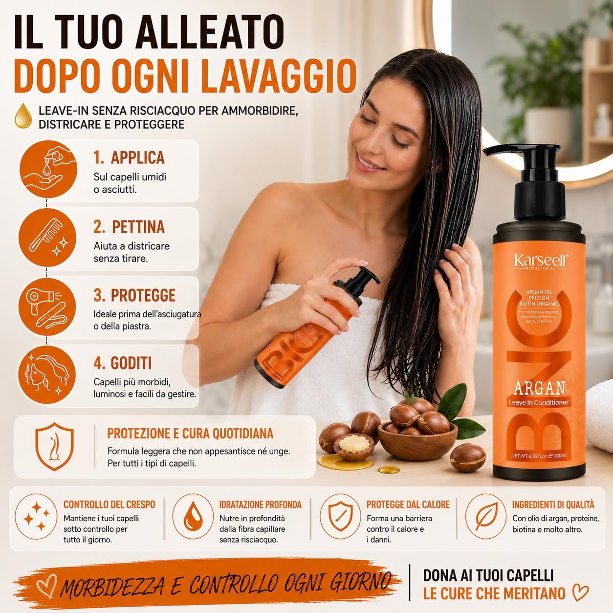Bouteille orange avec pompe noire, Karaseel Argan Leave-In Conditioner.