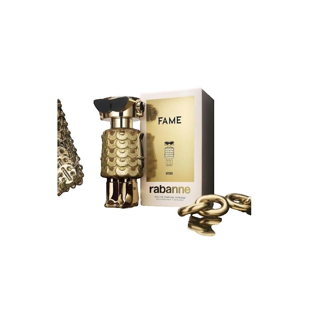 Gouden fles, verpakking en ketting. Fles in robotvorm, gouden schubben. Verpakking met logo.