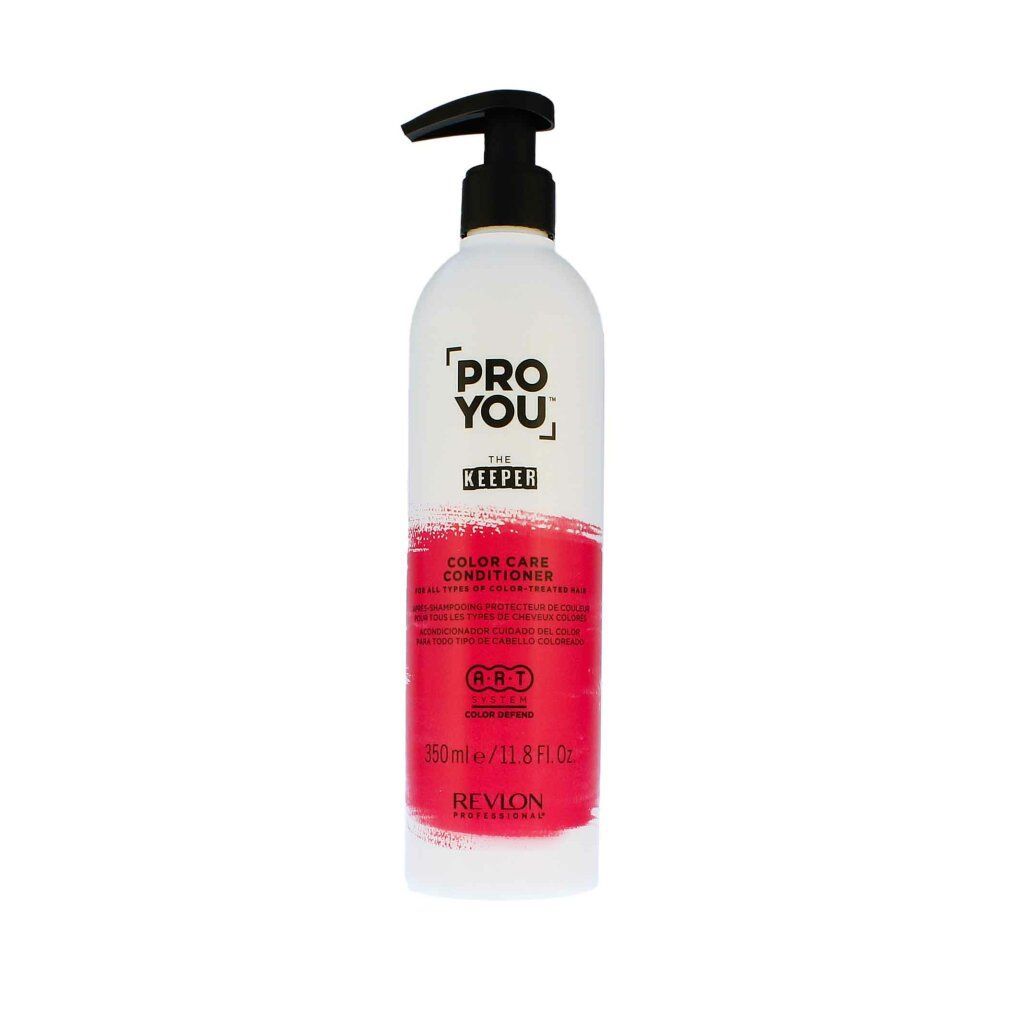 Flacon blanc avec pompe noire. Étiquette rose avec texte: PRO YOU, THE KEEPER, COLOR CARE CONDITIONER. Marque: Revlon.