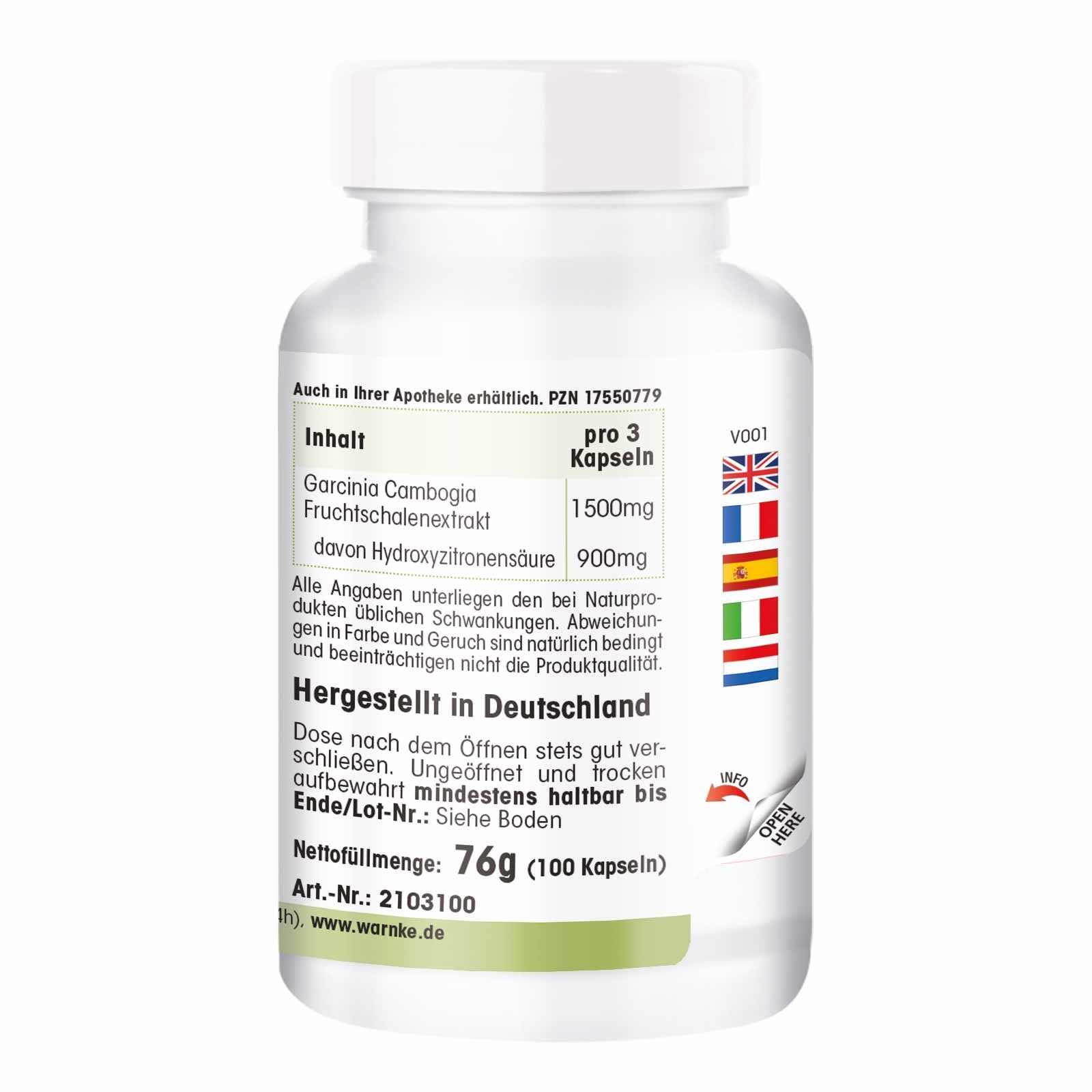 Achterkant van de fles. Tekst: Inhoud, Warnke Vitalstoffe, geproduceerd in Duitsland. Vlaggen: Frankrijk, Spanje, Italië.