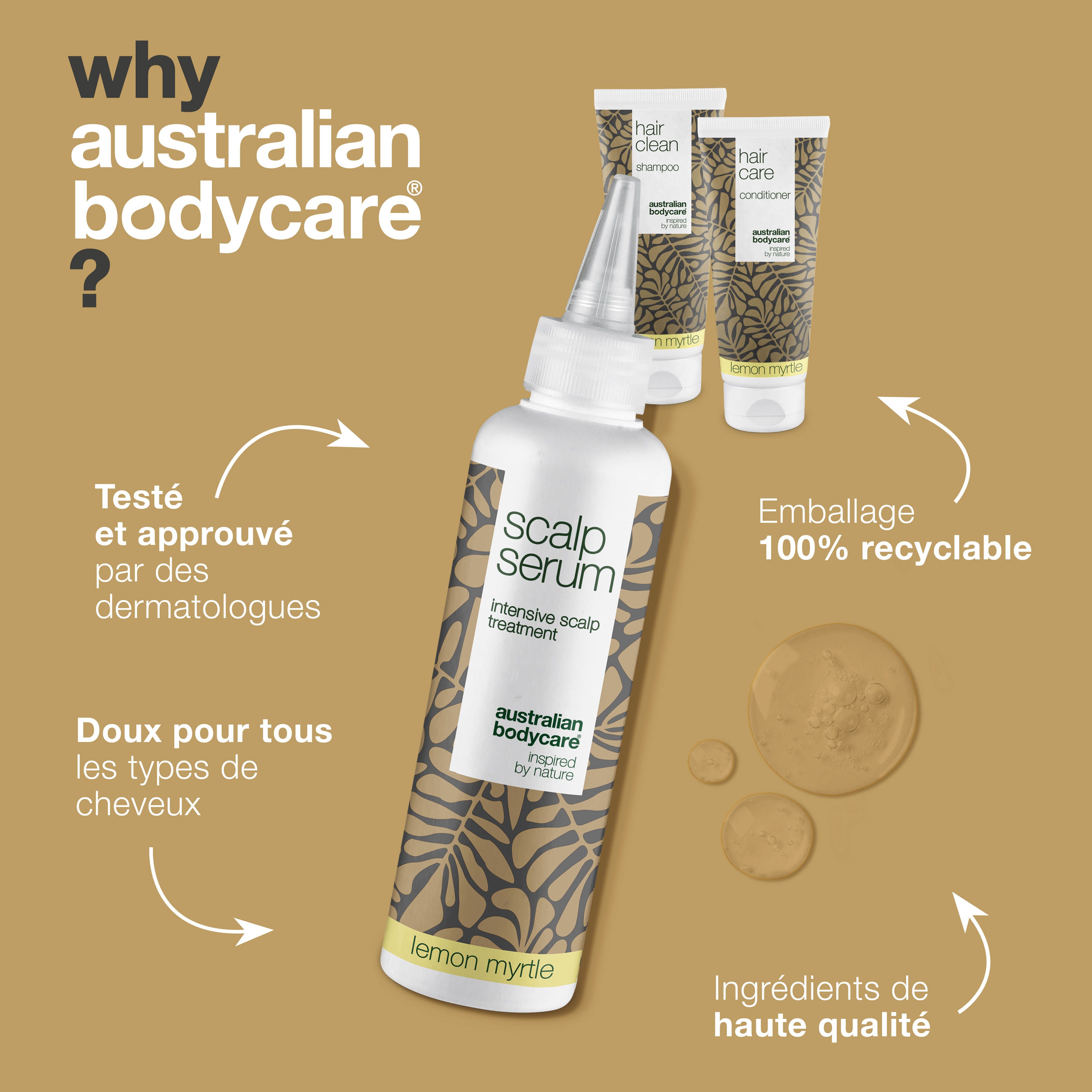 Pourquoi Australian Bodycare ? Sérum, shampooing et après-shampooing. Texte : testé dermatologiquement, doux pour tous les types de cheveux. Logo.