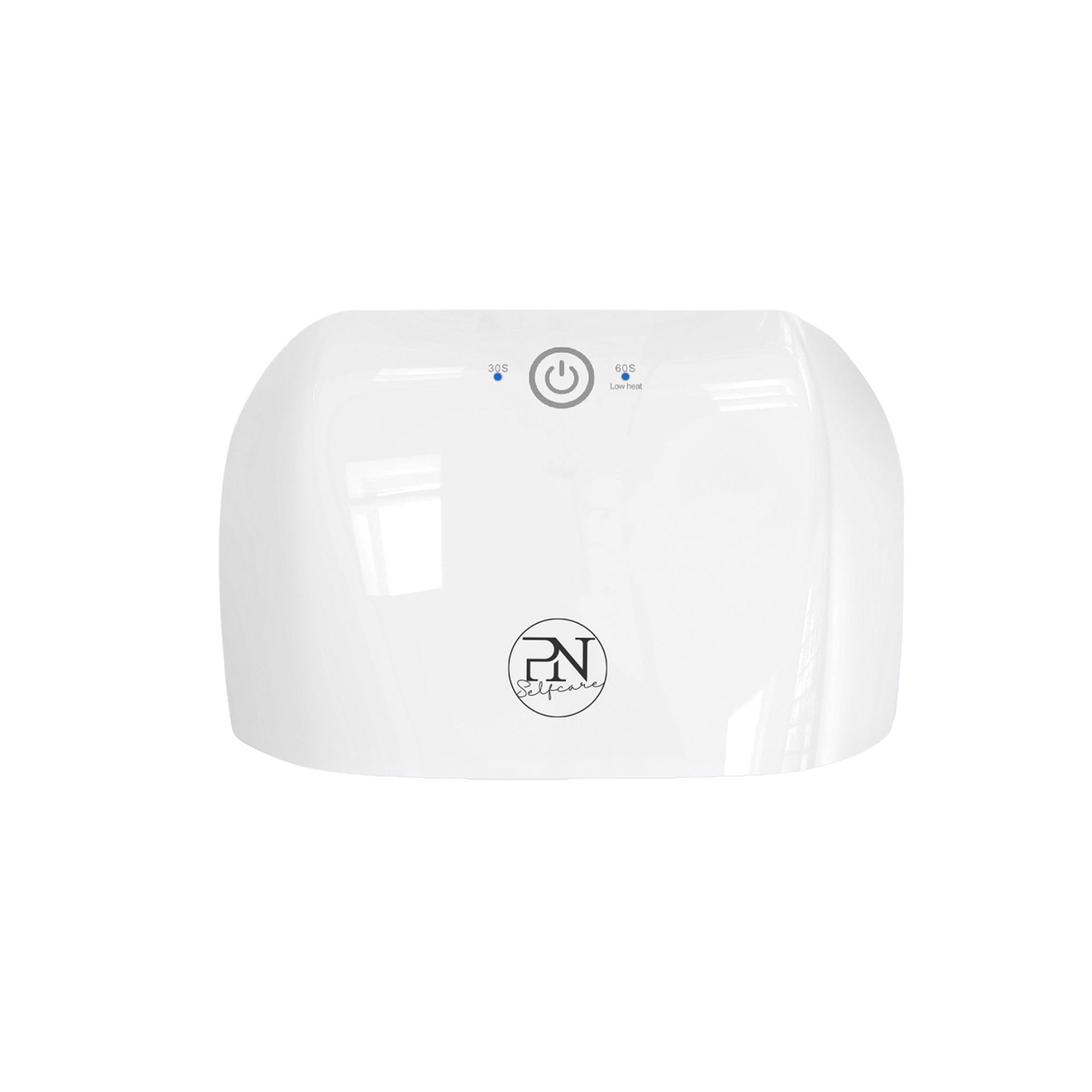 Lampe UV blanche pour les soins des ongles. Avec logo et deux lumières bleues. Vue de dessus, forme rectangulaire.