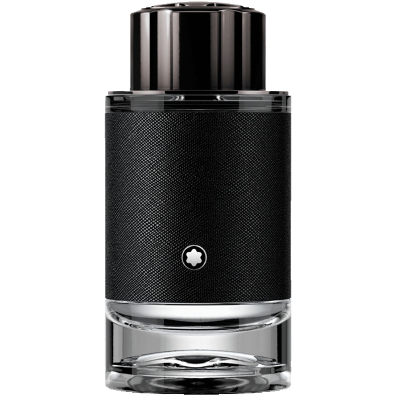 Montblanc Explorer Eau de Parfum fles met zwarte leren band en zilveren dop.
