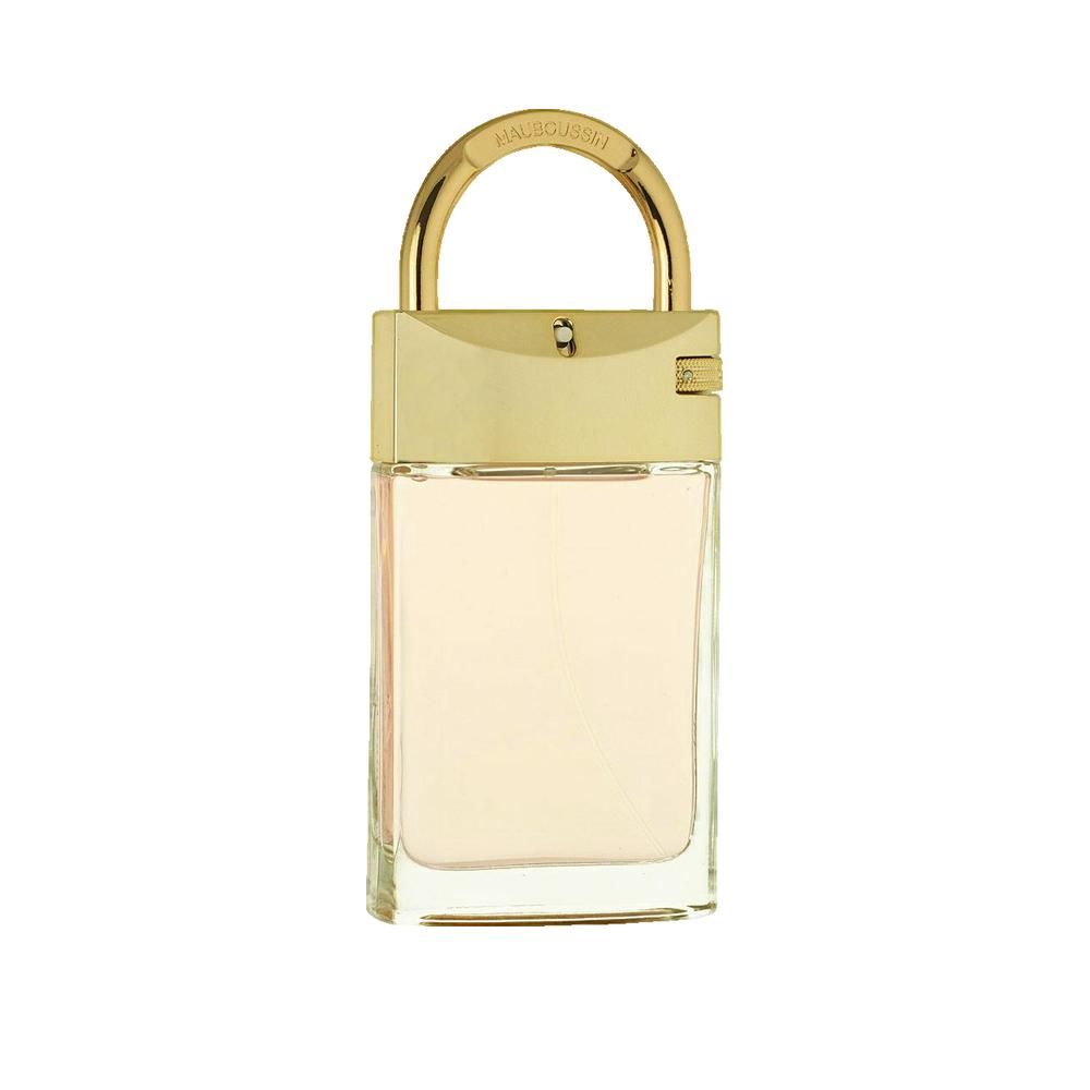 Rechthoekige fles met gouden sluiting. Opschrift: Mauboussin. Fles met roze inhoud.