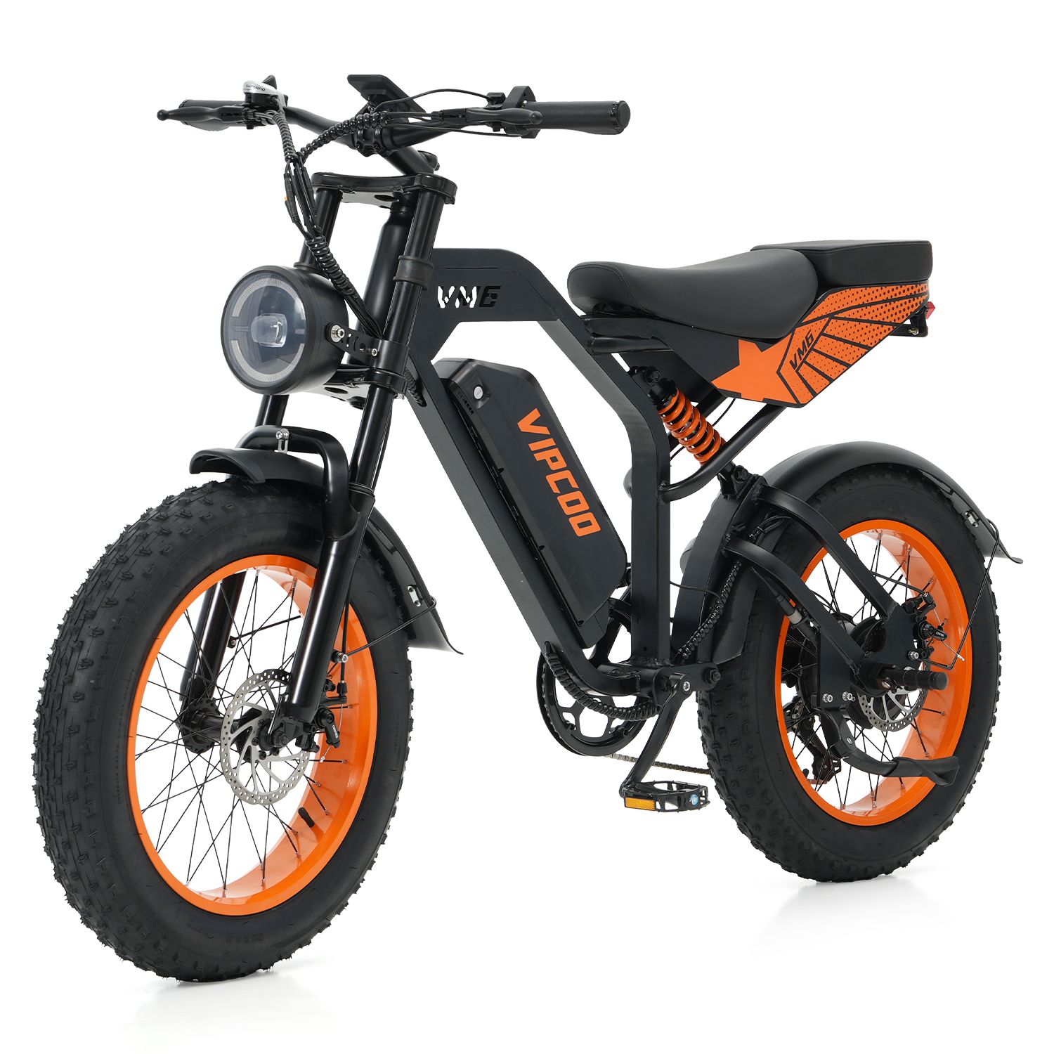 Zwarte e-bike met oranje velgen. VIPCOO staat op het frame. Model VM6.