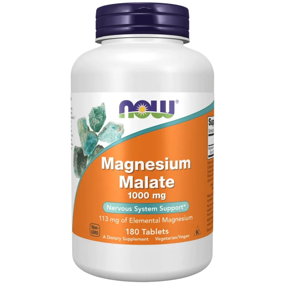 Witte fles met oranje etiket. Opschrift: Magnesium Malate 1000 mg, 180 tabletten. Merk: NOW FOODS.