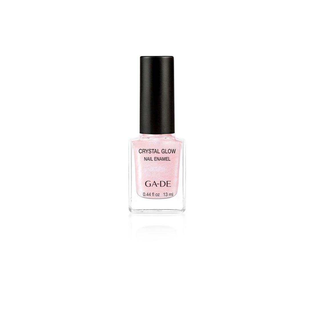 Flacon de vernis à ongles avec bouchon noir. Inscription: Crystal Glow Nail Enamel, GA-DE. Contenu: 13 ml.