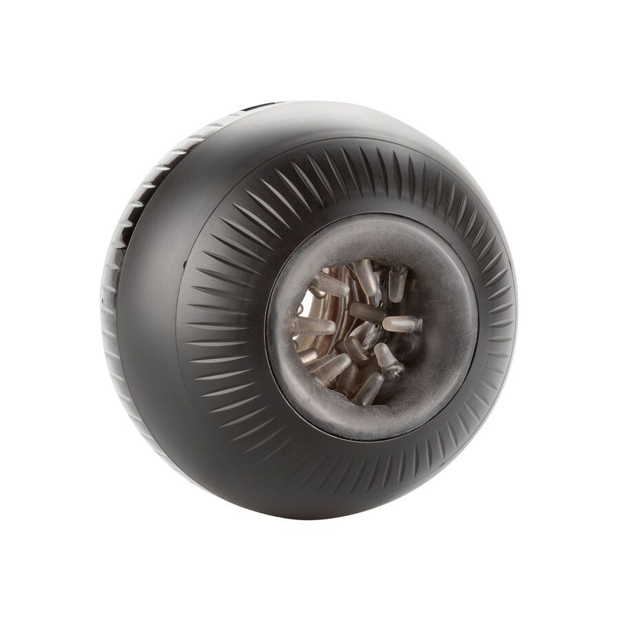 Zwarte, bolvormige massager met getextureerde buitenkant en interne ribbels.