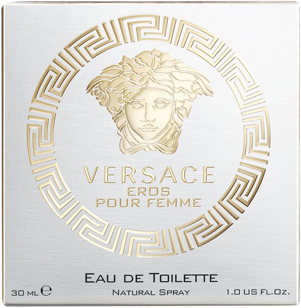 Vierkante doos met Versace-logo en 'Eros Pour Femme'. Opschrift 'Eau de Toilette' en '1.0 US FL OZ'.