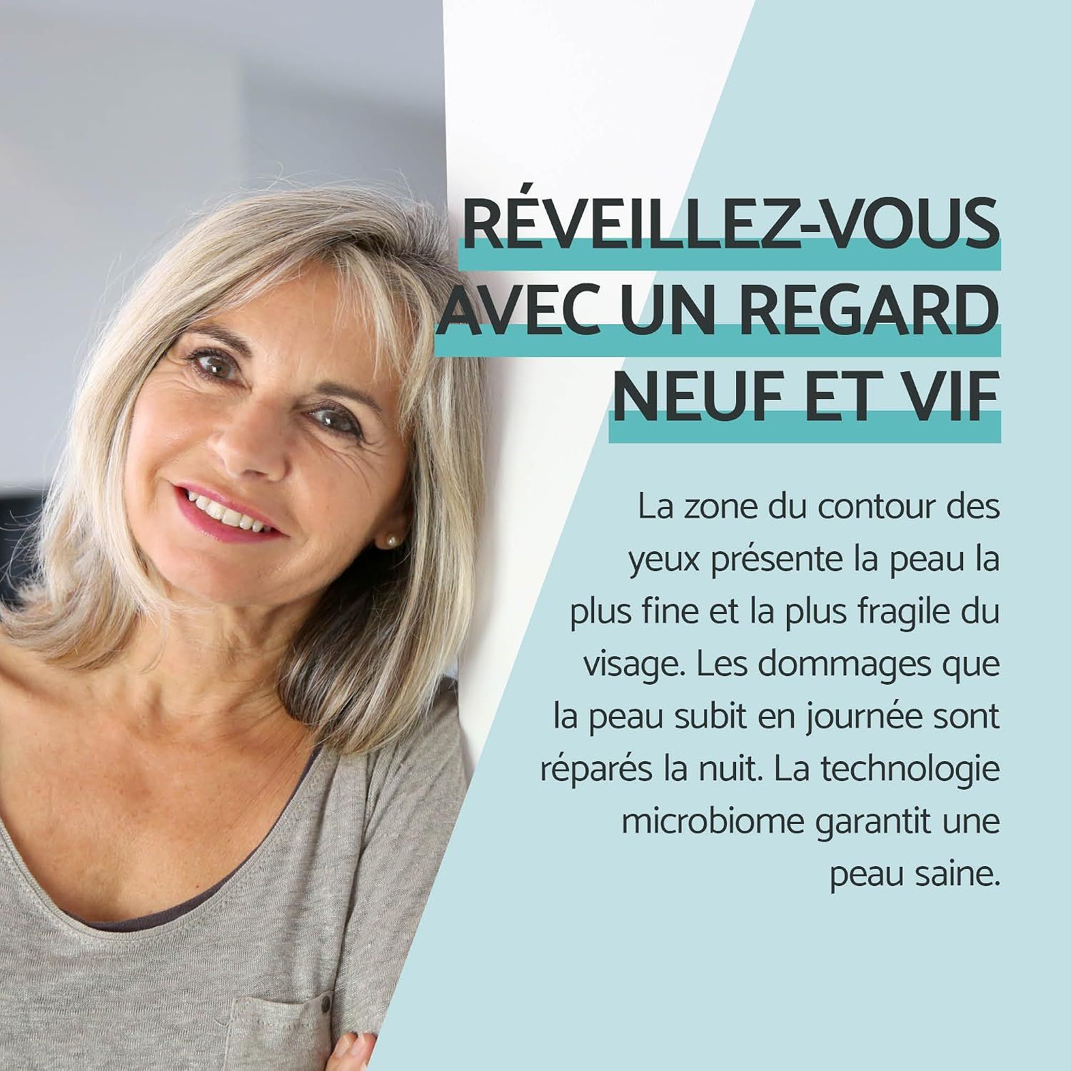 Femme souriante au regard frais le matin.