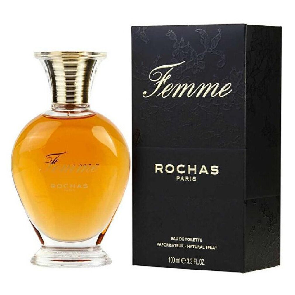 Flacon de parfum et boîte. Flacon avec bouchon doré. Inscription "Femme" et "Rochas Paris". Boîte noire.
