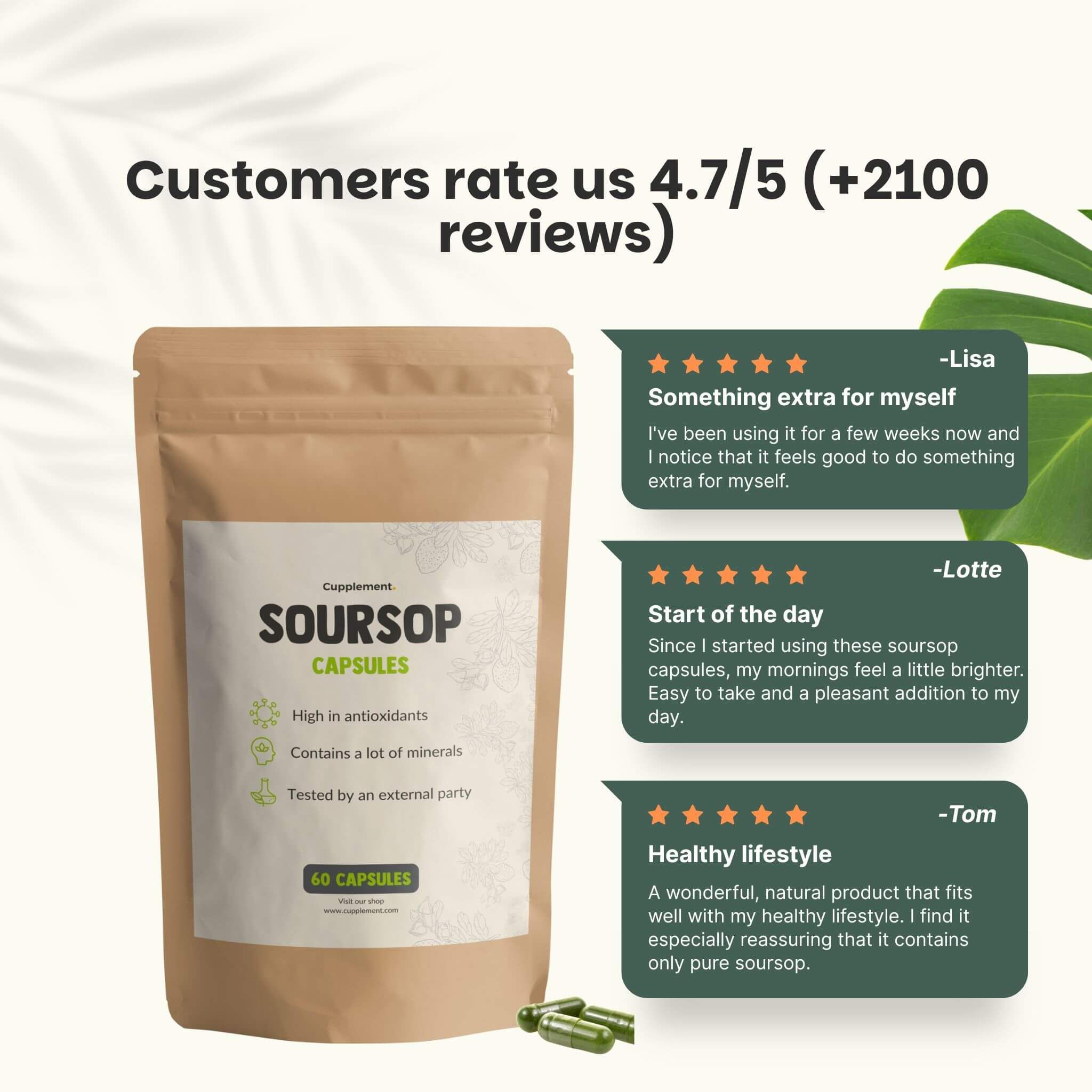 Sachet marron avec étiquette blanche. Texte: Soursop Capsules, 60 gélules. Évaluation client 4,7/5. 3 témoignages.