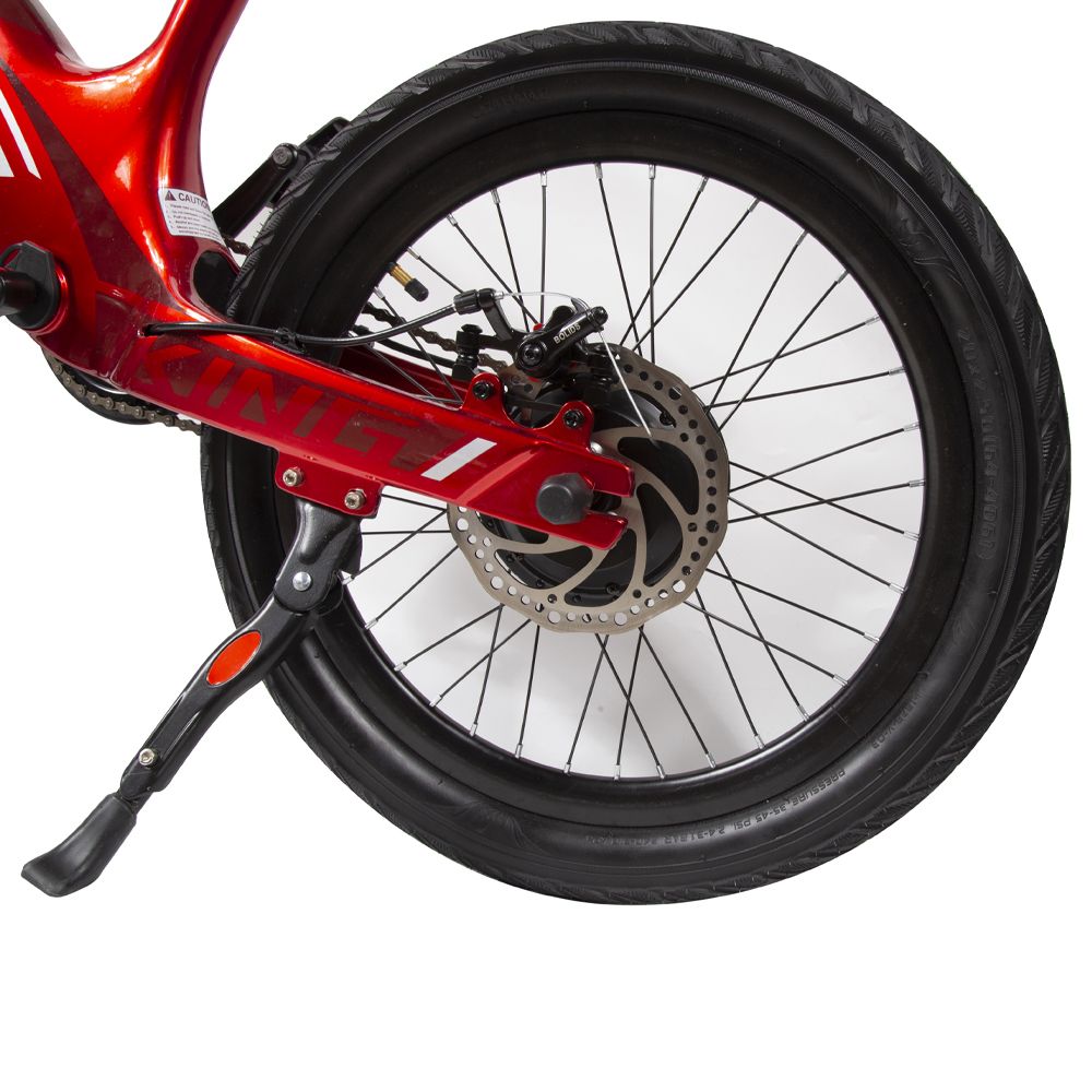 Rode elektrische fiets, detail achterwiel. Zwarte band, remschijf, standaard. Velg met spaken.