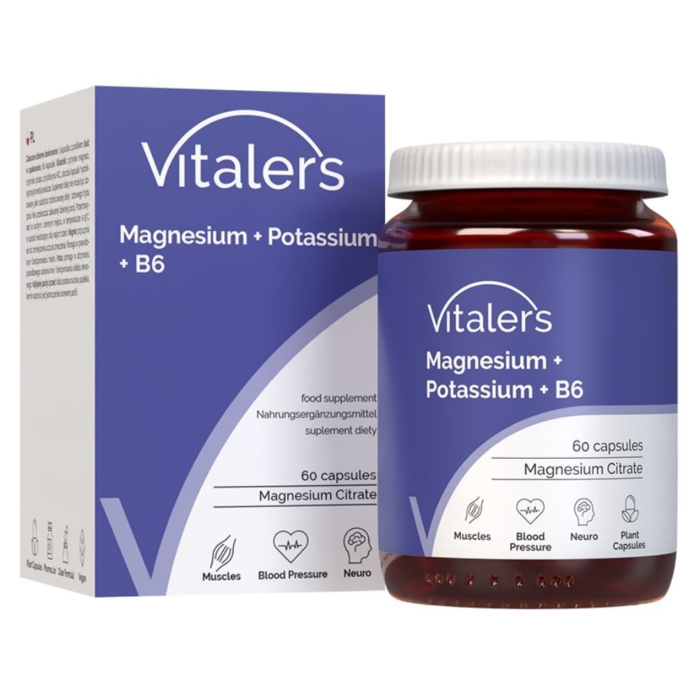 Vitaler's Magnesium + Kalium + B6 potje en doos. 60 capsules.