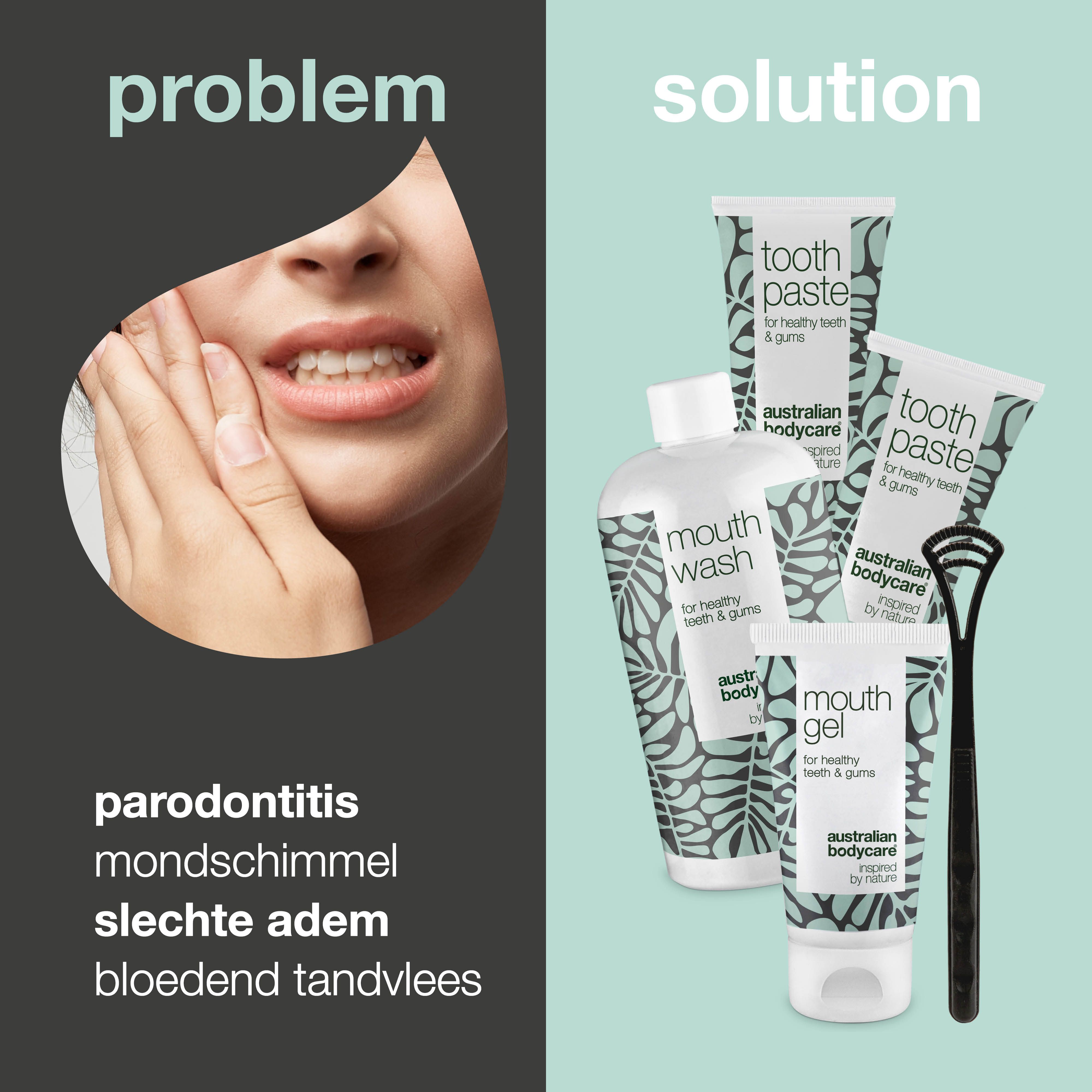 Afbeelding toont een probleem en een oplossing. Probleem: parodontitis. Oplossing: mondverzorgingsset van Australian Bodycare.