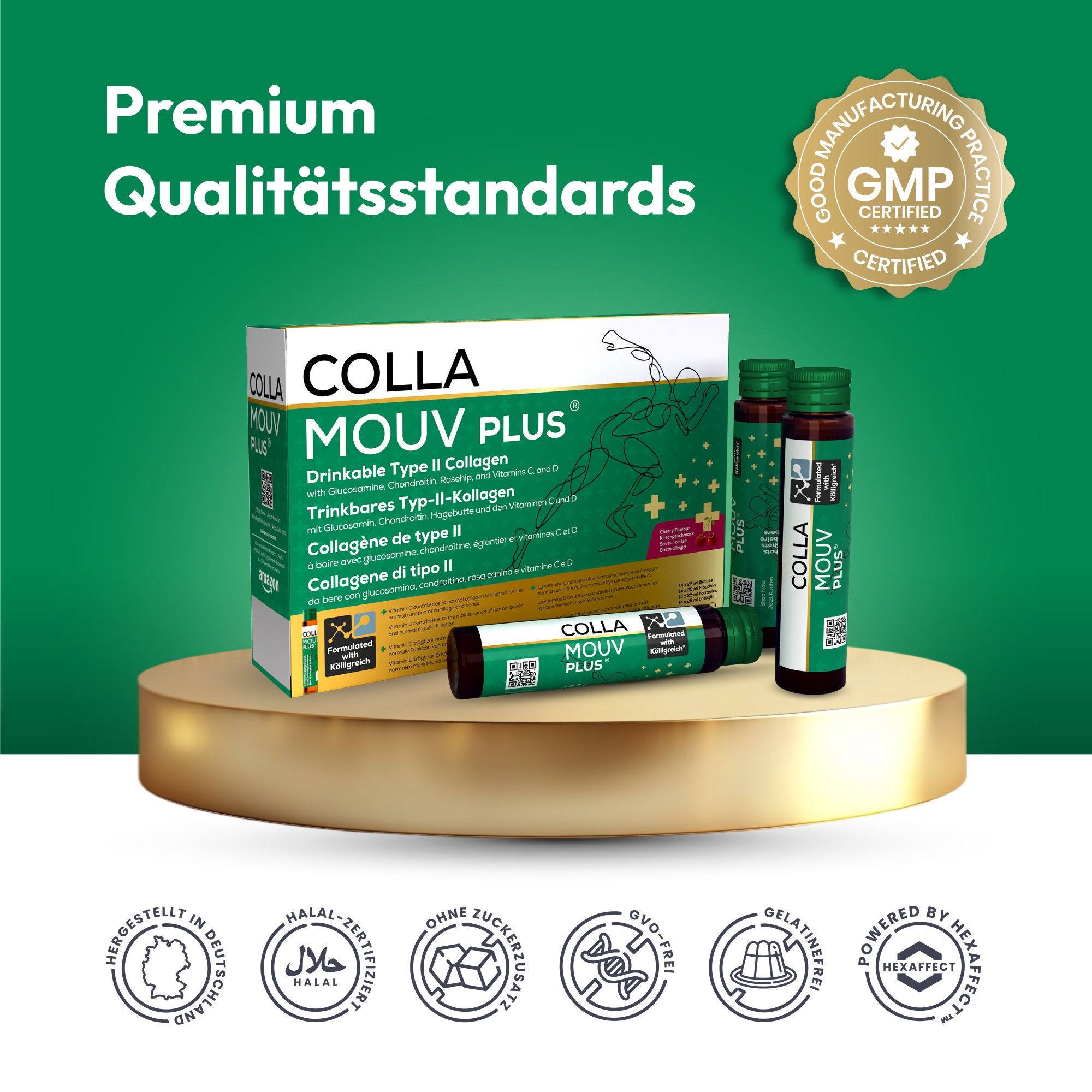 BHW Collamouv Plus Collagène Glucosamine Chondroïtine sur piédestal doré, certifié GMP.