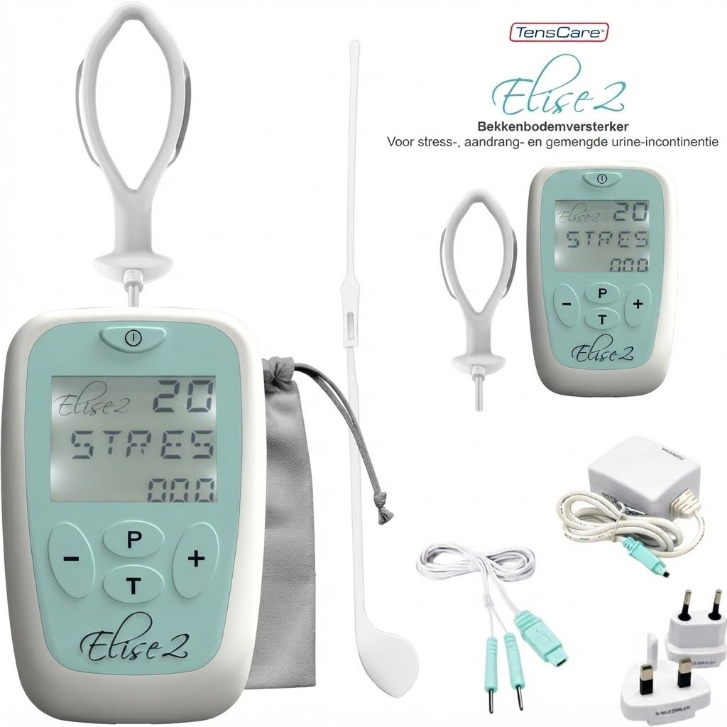 Elise 2 bekkenbodemtrainer met stimulatiesonde, kabels, adapter en reiszakje.