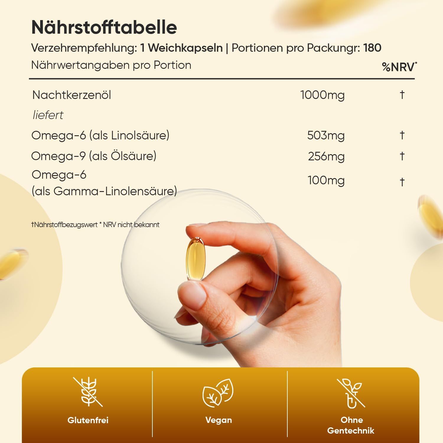 Tableau nutritionnel : 1 gélule. Huile d'onagre 1000mg, Oméga-6 503mg, Oméga-9 256mg, Oméga-6 100mg. Sans gluten, végétalien, sans OGM.