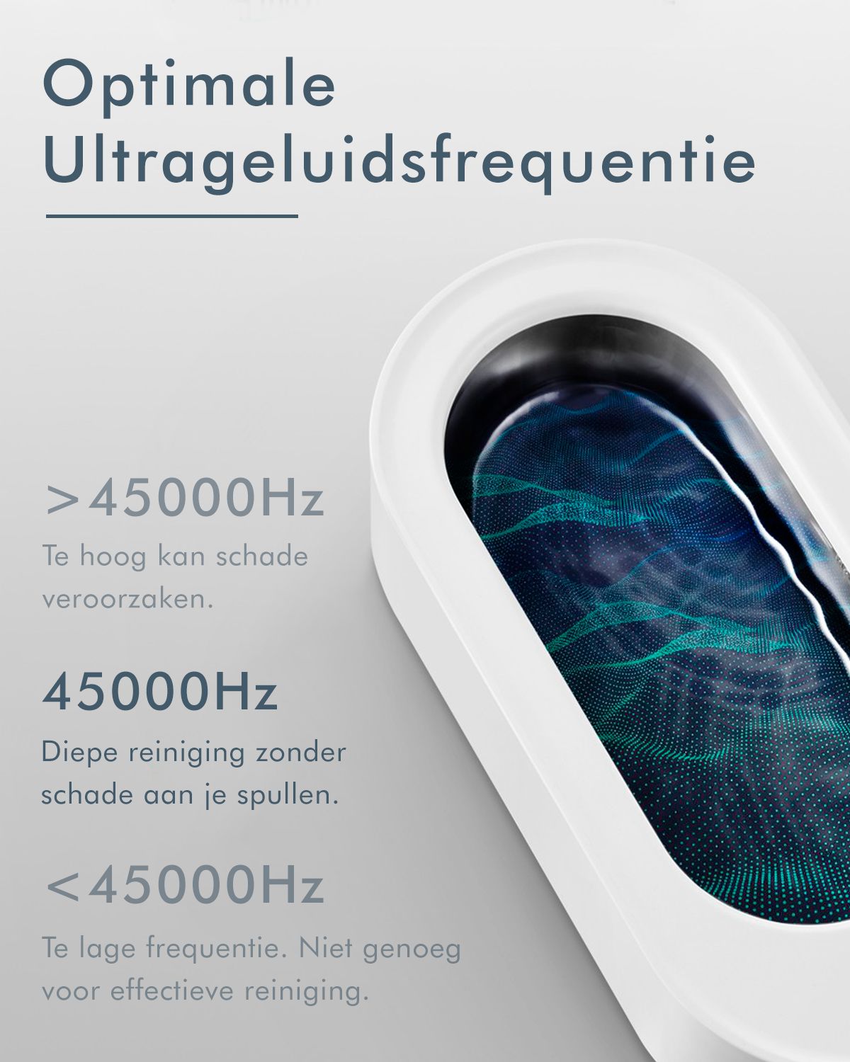 Ultrasone reiniger. Tekst: Optimale Ultrageluidfrequentie. Frequentieweergave met waarden en uitleg.
