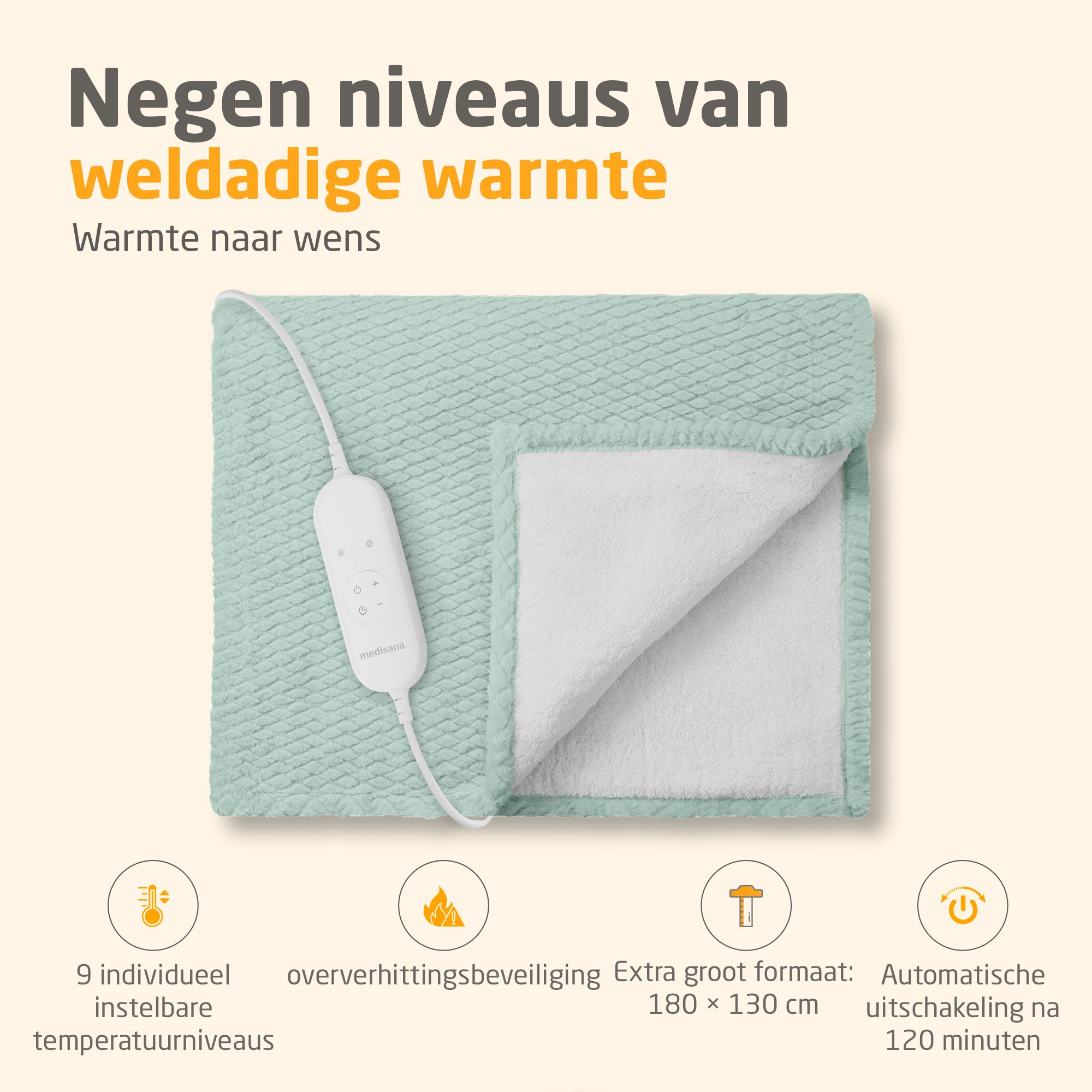Verwarmde deken, savage green. Met kabel en bediening. Linksboven. Witte binnenkant. Tekst: Negen niveaus van weldadige warmte.