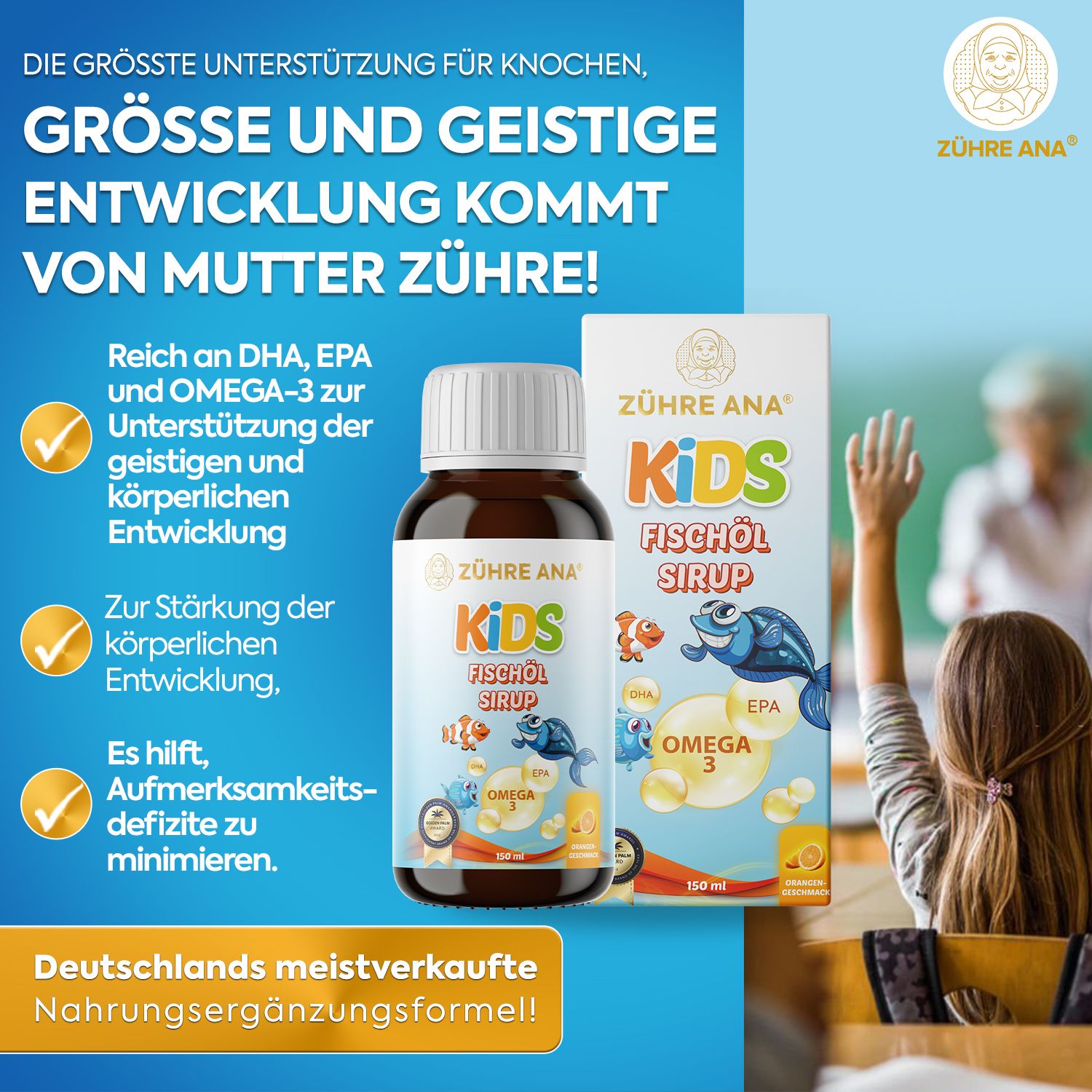 Zühre Ana Kids Fischöl Sirup fles en doos, gepromoot voor bot- en mentale ontwikkeling.