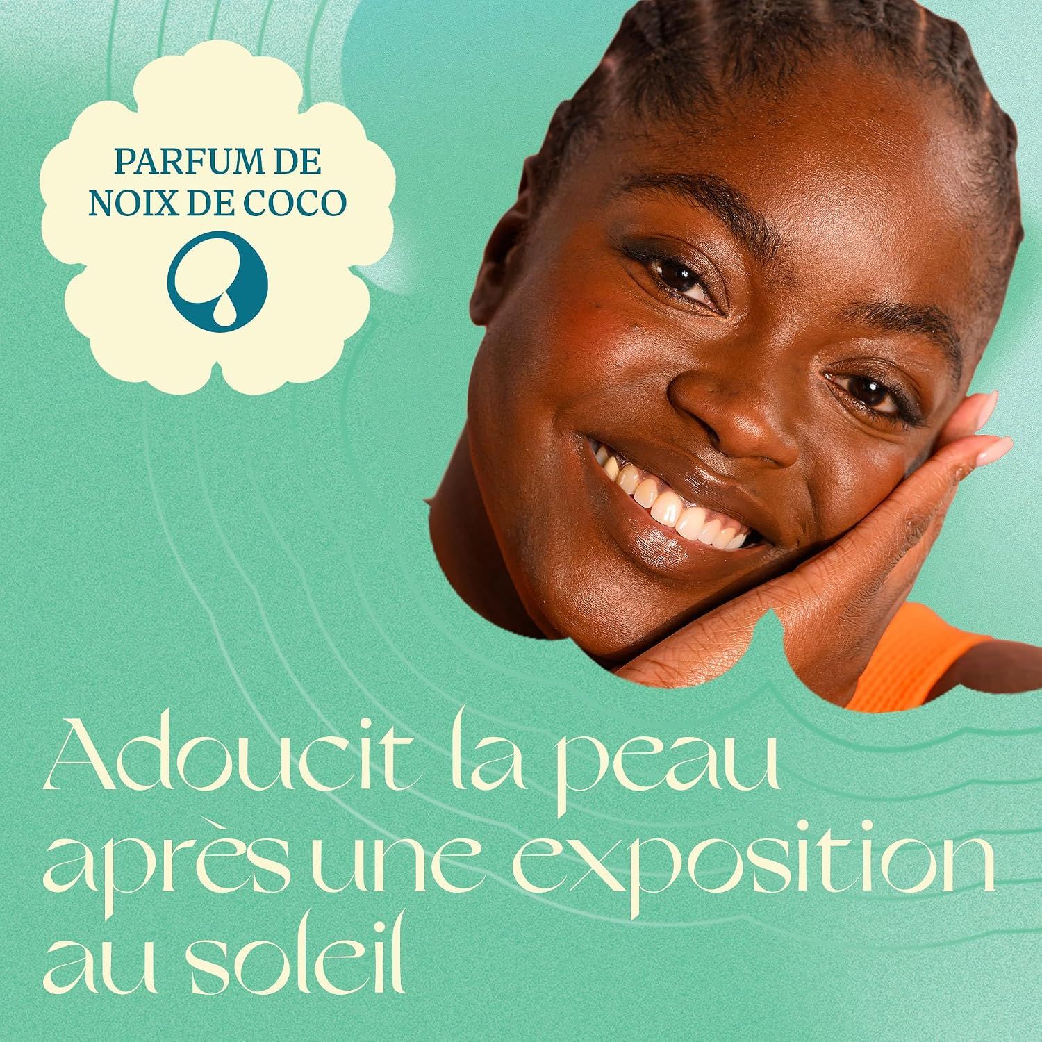 Femme souriante avec un nuage de parfum de noix de coco au-dessus de sa tête.
