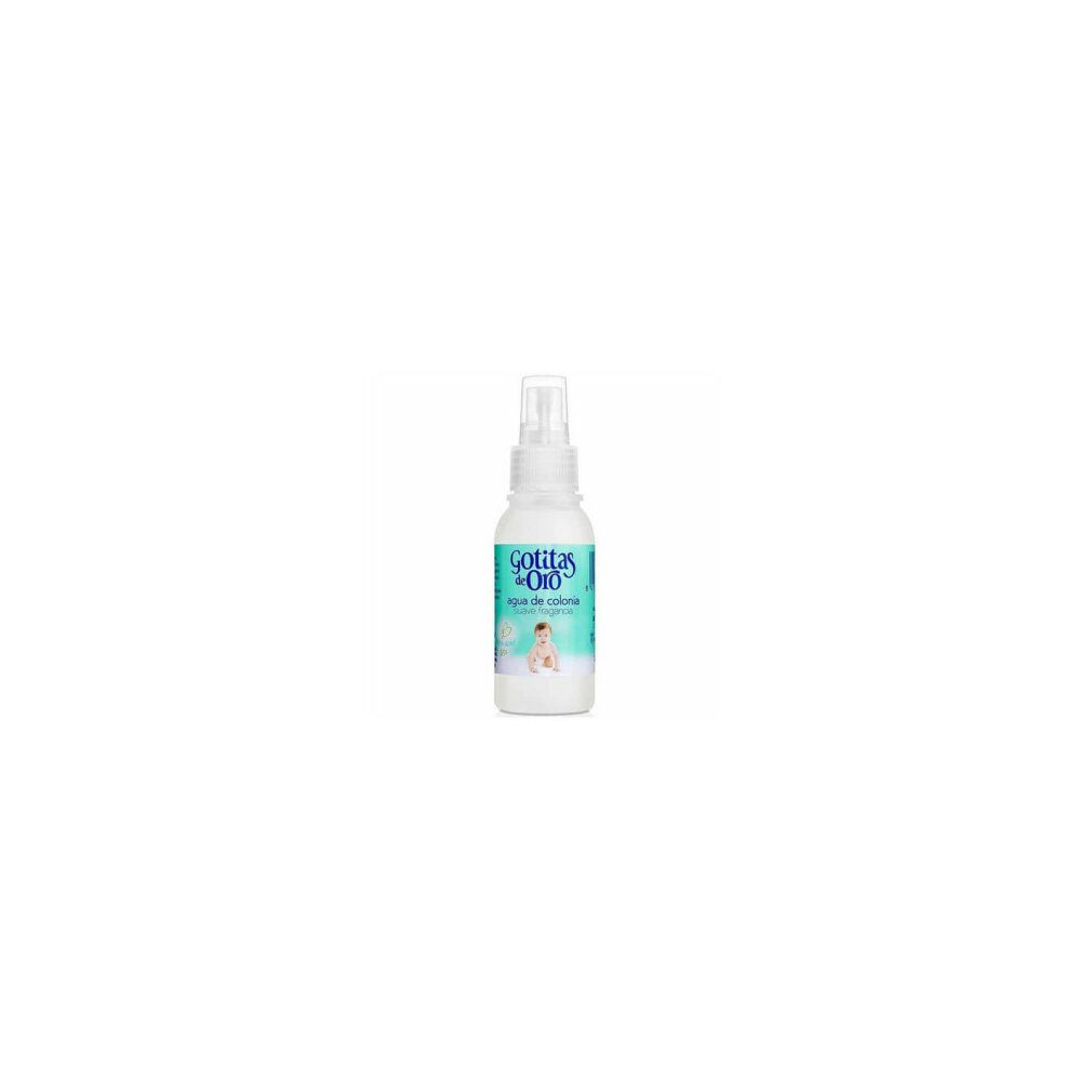 Flacon blanc avec vaporisateur. Inscription: Gotitas de Oro. Illustration de bébé. Fond turquoise.