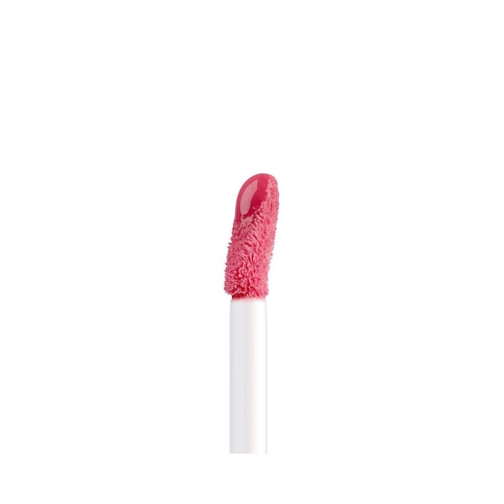 Applicateur de gloss. Couleur rose, pointe duveteuse, tige blanche.