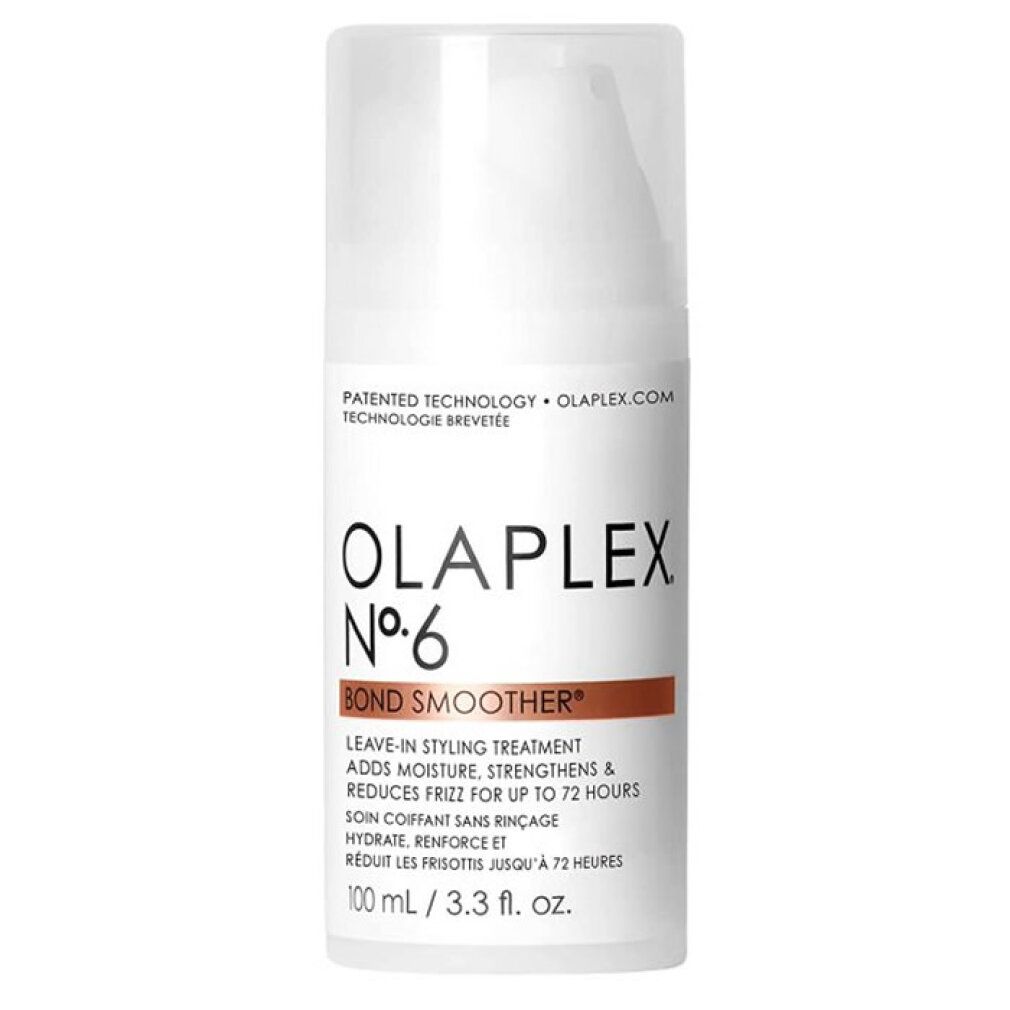 Flacon blanc Olaplex No.6 Bond Smoother. Bande marron avec texte. 100 ml/3.3 fl. oz. Bouchon.